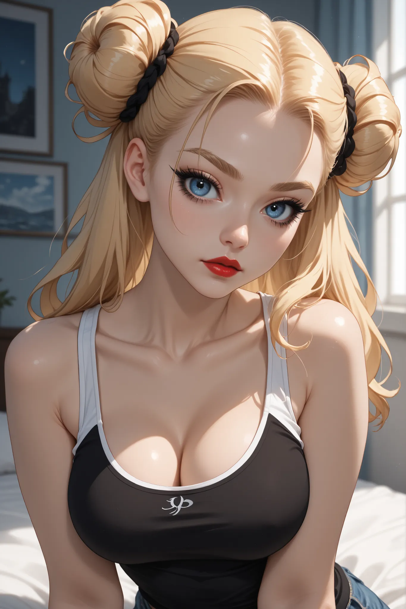 Perfect Face, Blonde Hair, Double Buns, (Forehead), Blond Thin Eyebrows, Blue Eyes, Black Eyelashes, Black Eyeliners, Blue Eyeshadoes, Glossy Red Lips, Collarbone, Cleavage, (Medium Breasts), (White Tank Top, Black Tank Top), Looking At Viewer