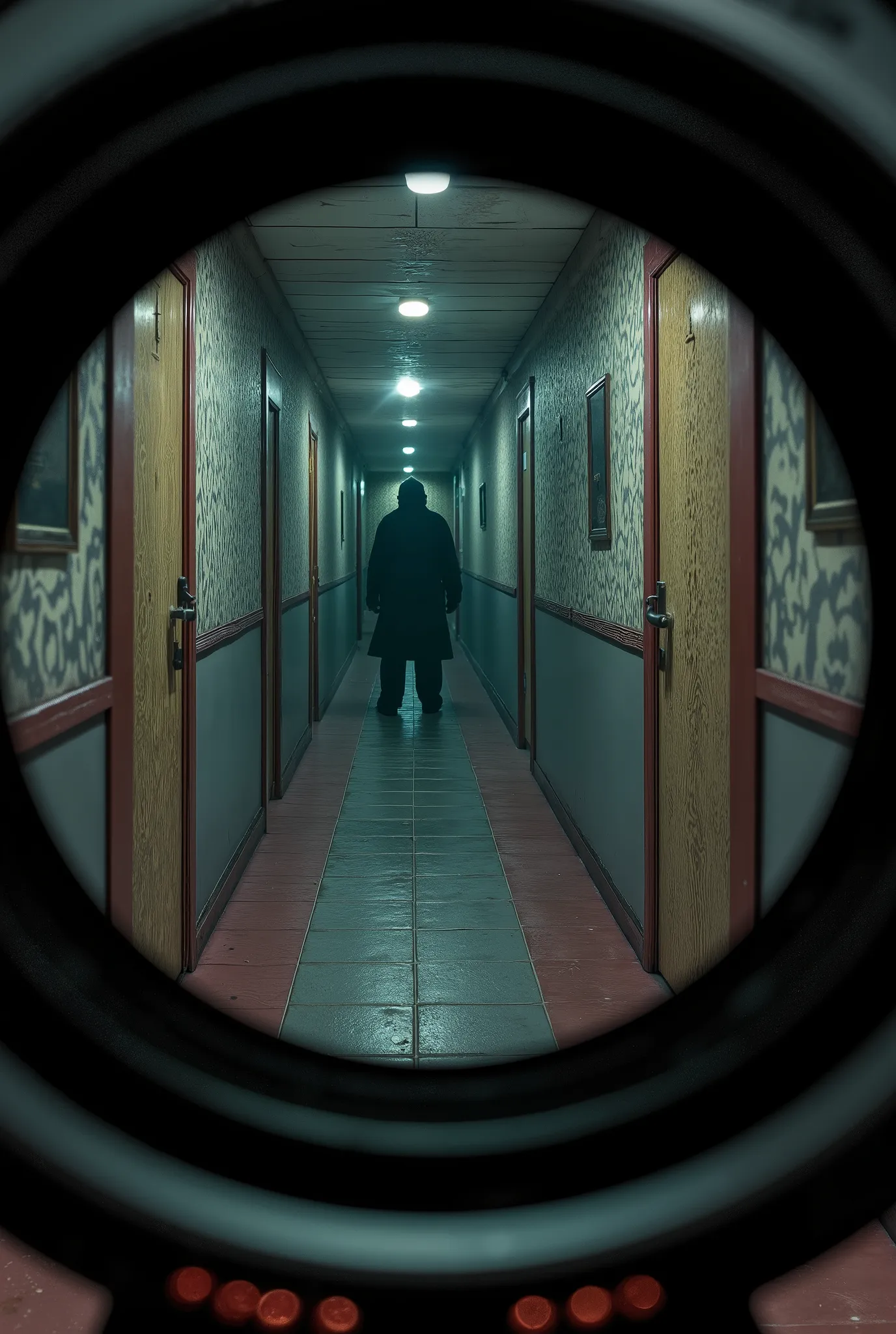 CORRIDOR OF A BUILDING SEEN FROM INSIDE A HOUSE THROUGH THE PEEPHOLE OF THE VIEWFINDER, It's late , IT'S NOT EMPTY, THERE'S SOMEONE GHOSTLY IN THE BACKGROUND, Fisheye style camera in the foreground. This image has an avant-garde air, mixing 70'S RETRO ELEM...