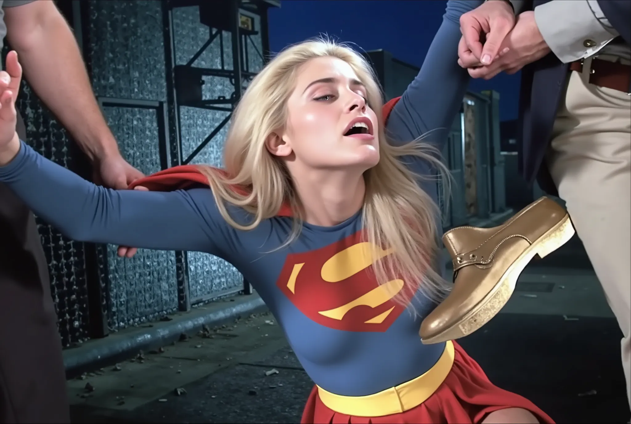 Helen Slater as supergirl、Adorable beauty with long blonde hair, She's wearing long-sleeved blue tight-fitting clothes, In the chest "S" emblem、short pleated red skirt、yellow belt、tall red boots , and a long red cape. 
((Supergirl is being sexually assault...