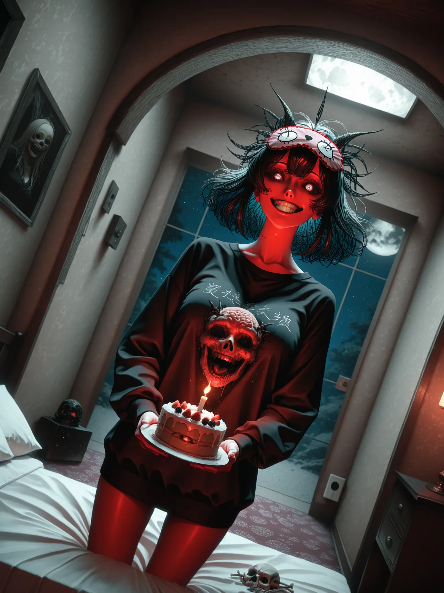 [topic]кадр в стиле horror киберпанк, creepy girl wakes up in bed
[character] a woman with electric hair,  woman in bed, a demon of shadow crawls out of the basement, bone and brain demon
[action] serious expression、brought a bloody bone cake to her neighb...
