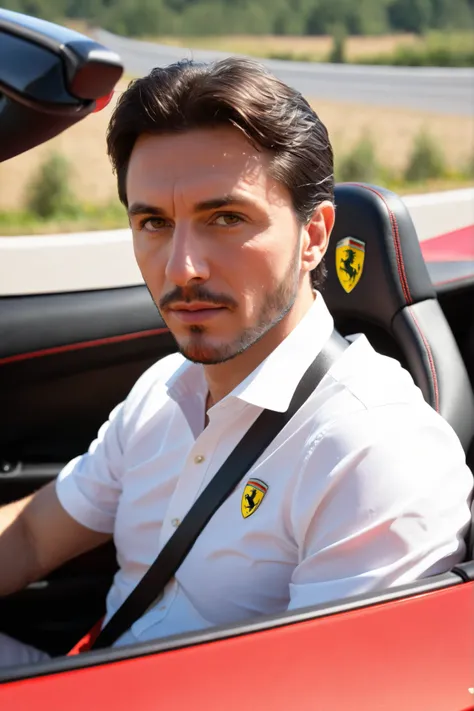 } professional photography first person perspective, cinematic medium plane, 35 year old man confident expression, detailed crisp face natural textured skin, well-defined mature masculine features, white shirt premium fitted fabric, Driver seated interior ...