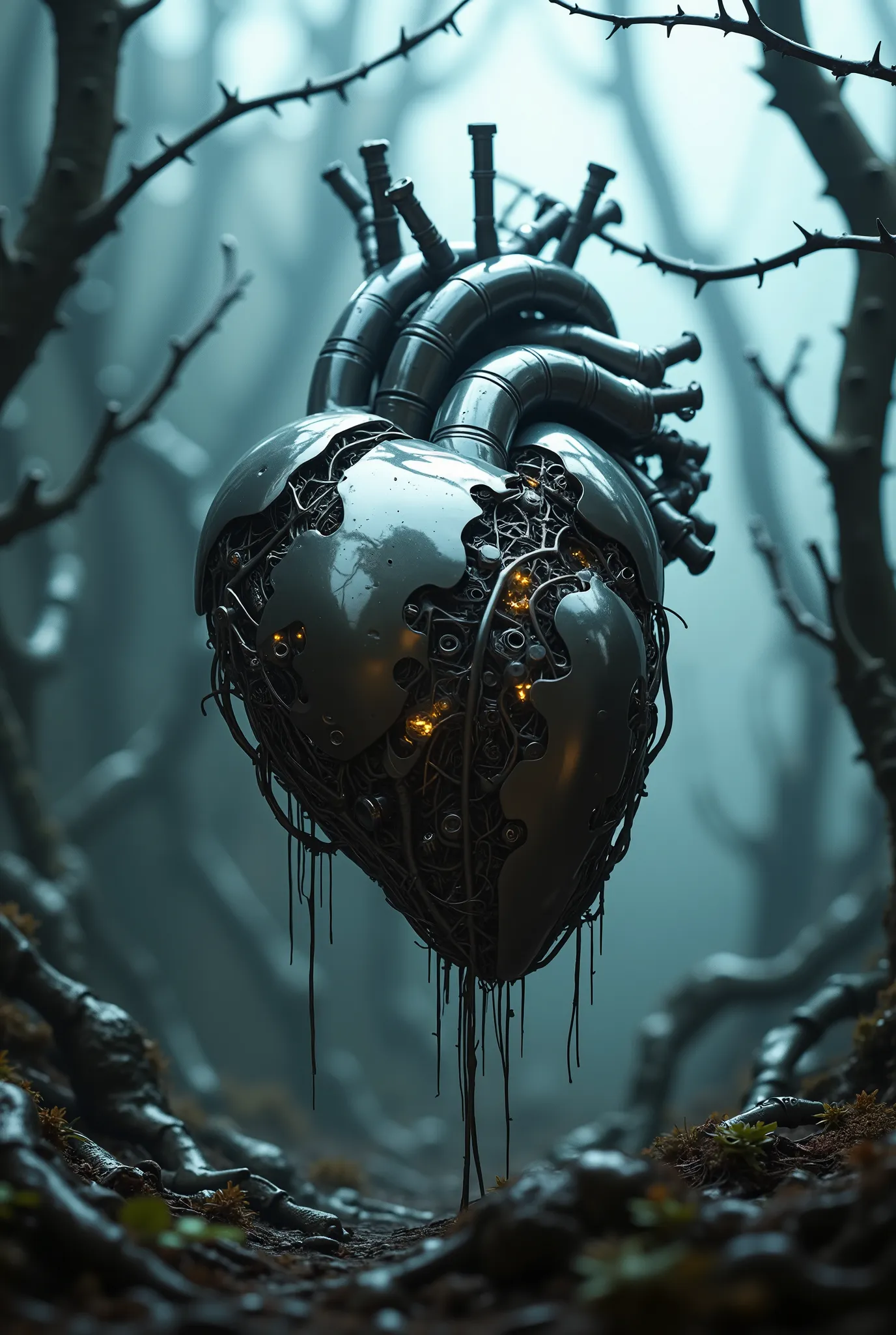 Cybernetic heart, surreal 3D art, thorny vines, foggy, darkness background, high detail, masterpiece.