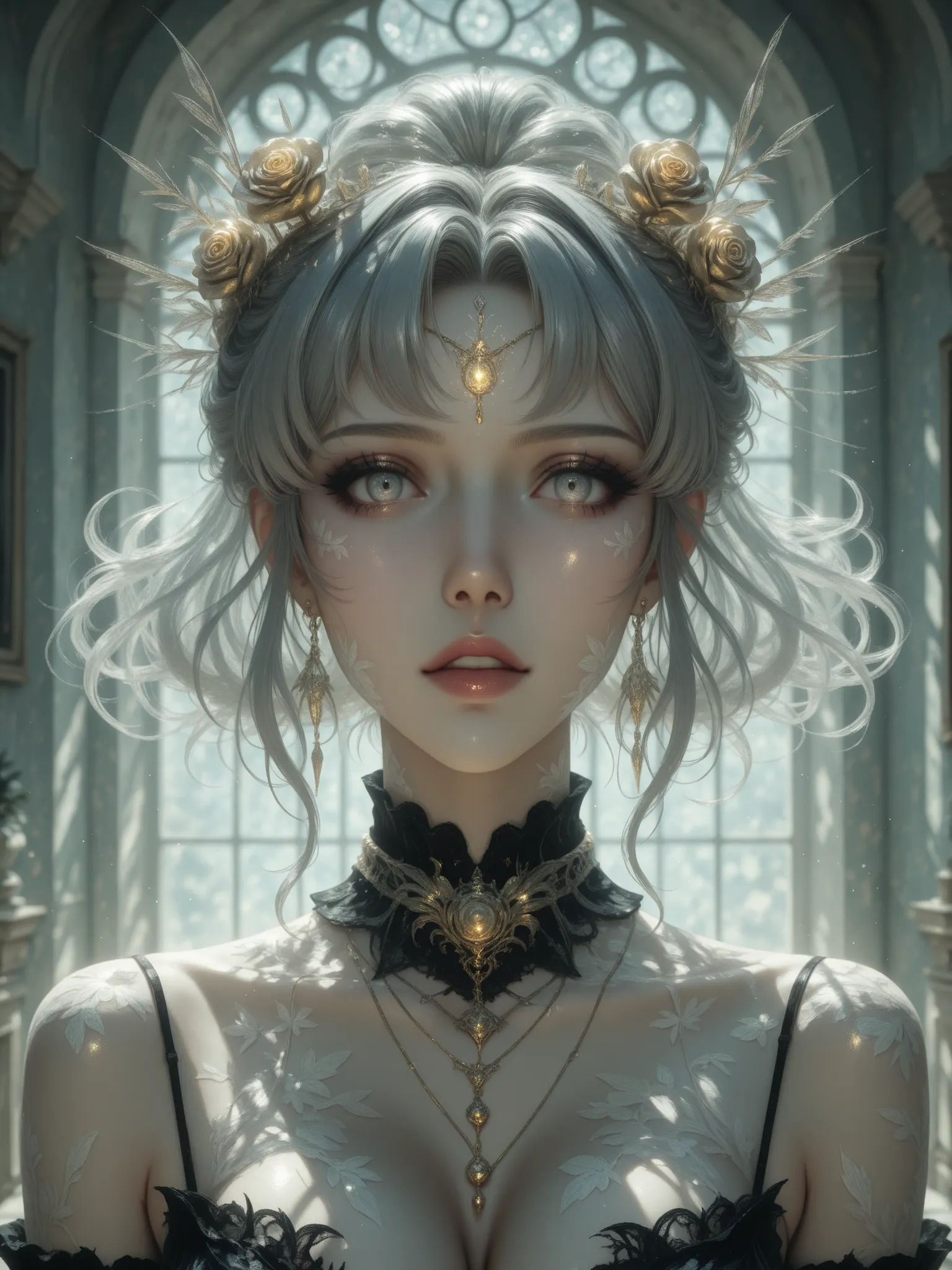 Digital painting of fair skin, ethereal gothic elven girl with long, current, grey hair, in delicate rose and gold jewelry in her hair and neck. Focus on the soft, pastel patch, and muted colors with light, whimsical style and detail, realistic facial feat...
