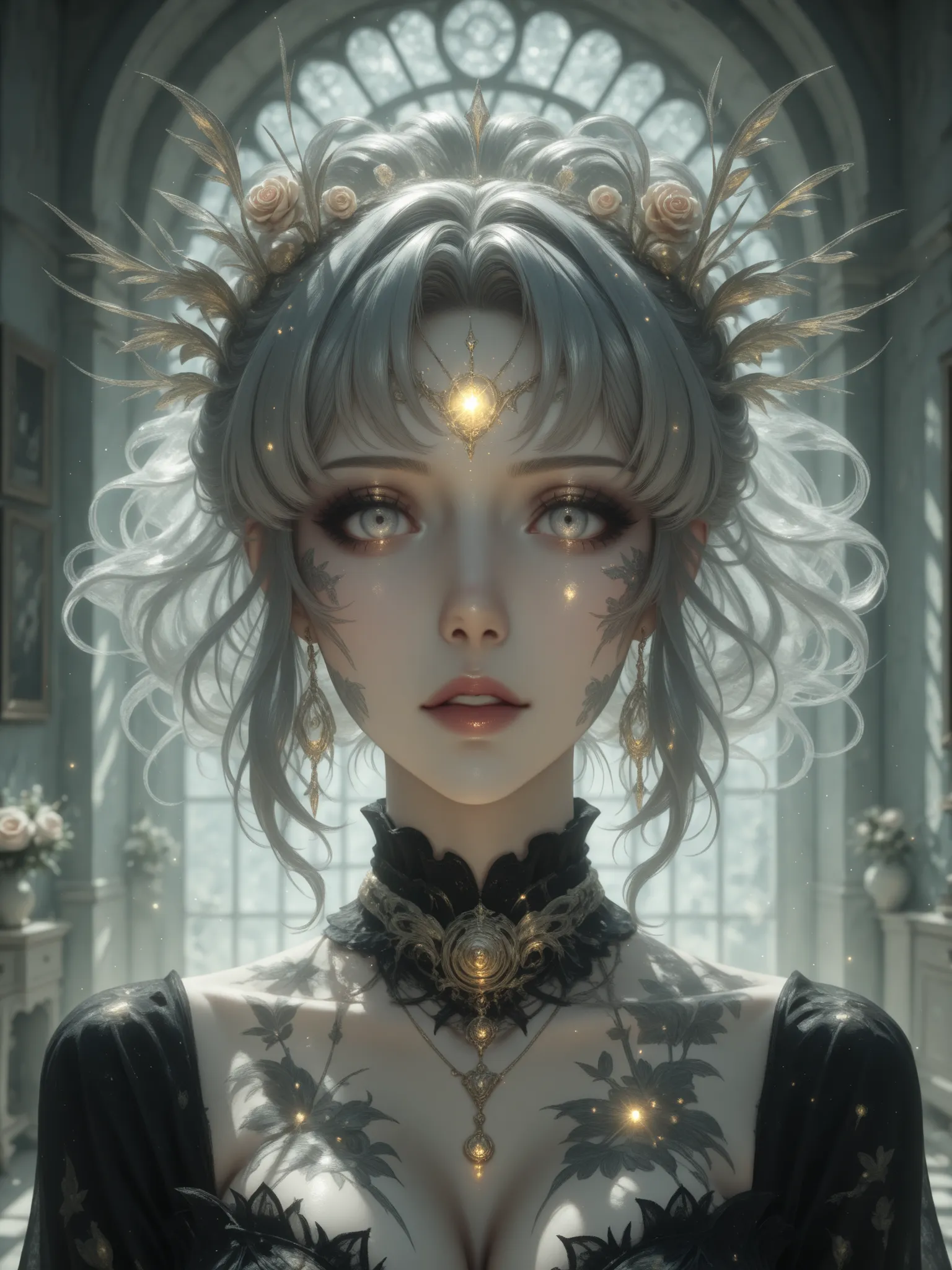 Digital painting of fair skin, ethereal gothic elven girl with long, current, grey hair, in delicate rose and gold jewelry in her hair and neck. Focus on the soft, pastel patch, and muted colors with light, whimsical style and detail, realistic facial feat...