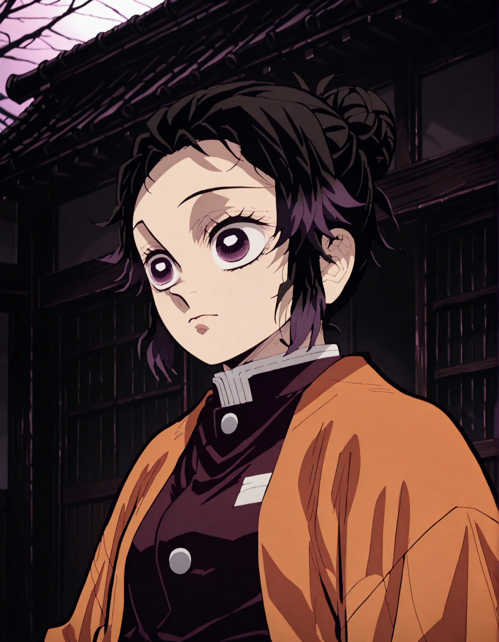(Extreme quality, character from Kimetsu no Yaiba) A girl with a serene expression, brown skin and short hair with a fringe. Narrow eyes in gradient shades of purple (similar to Shinobu's eyes). Her hair is reddish-black, tied in a simple bun, and she wear...
