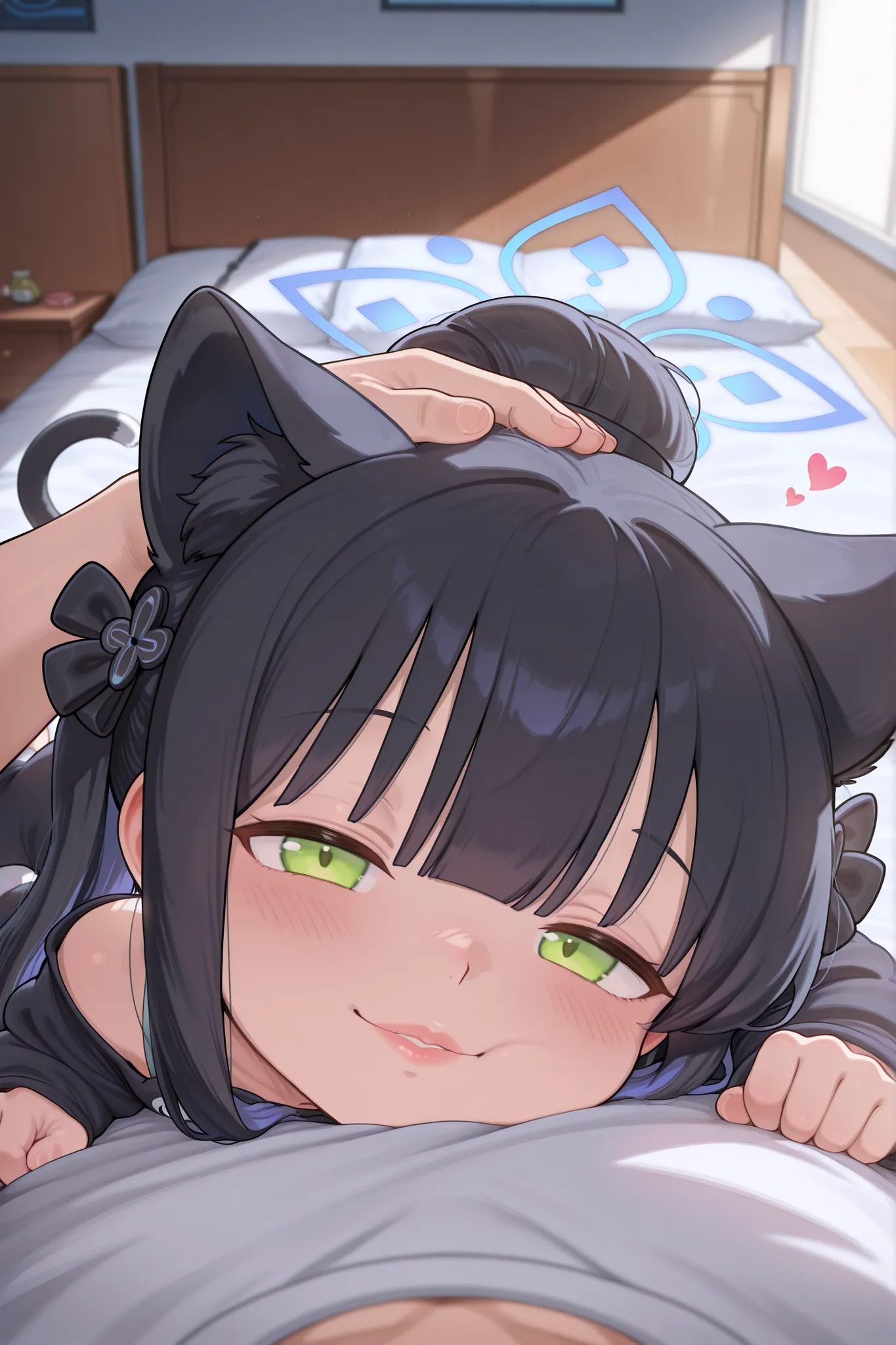 Female child, on side, lying, from side, resting head, sleepy face, happy, lips, shunling, small shun,shun(blue_archive), cat cosplay, resting on chest, lean back, looking at viewer, head on pov chest, snuggle, flirt, romantic atmosphere, happy, hearts, co...