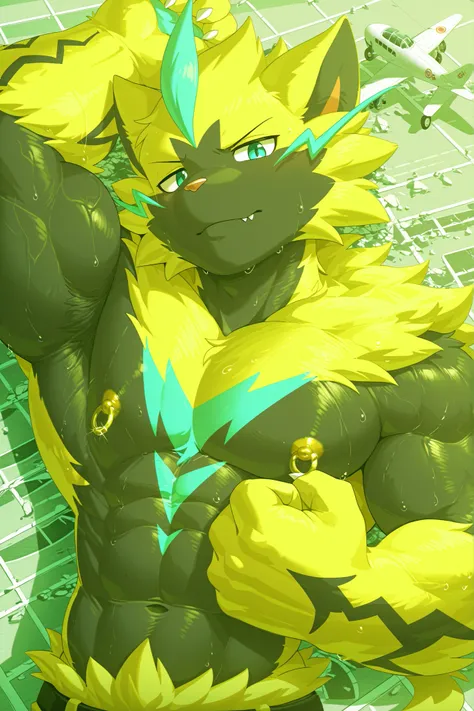 sfw,masterpiece,UHD,solo,anthro,furry,furry male, score_9, score_8_up, score_7_up, rating_safe, source_furry, kemono, bara, solo, furry, Anthro, zeraora, male, tail, fangs on lips, muscular, posing, leaning backward, huge black nipples, golden nipple rings...