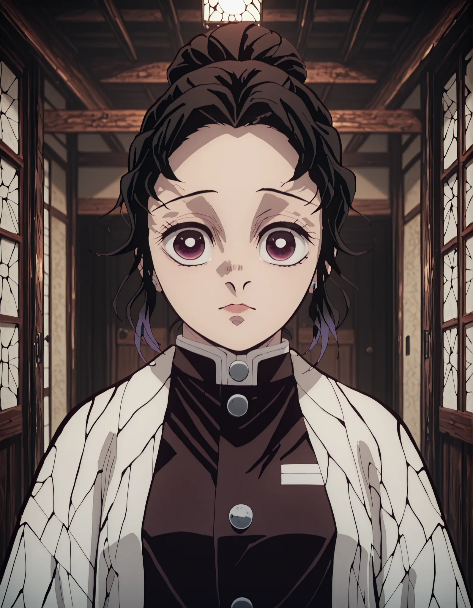 (Anime scene, character focus) A demon slayer girl stands silently, her expression calm yet unreadable. Her skin is a warm brown, subtly glowing in the soft light filtering through the shoji doors of a traditional house. Her hair, a deep reddish-black, is ...