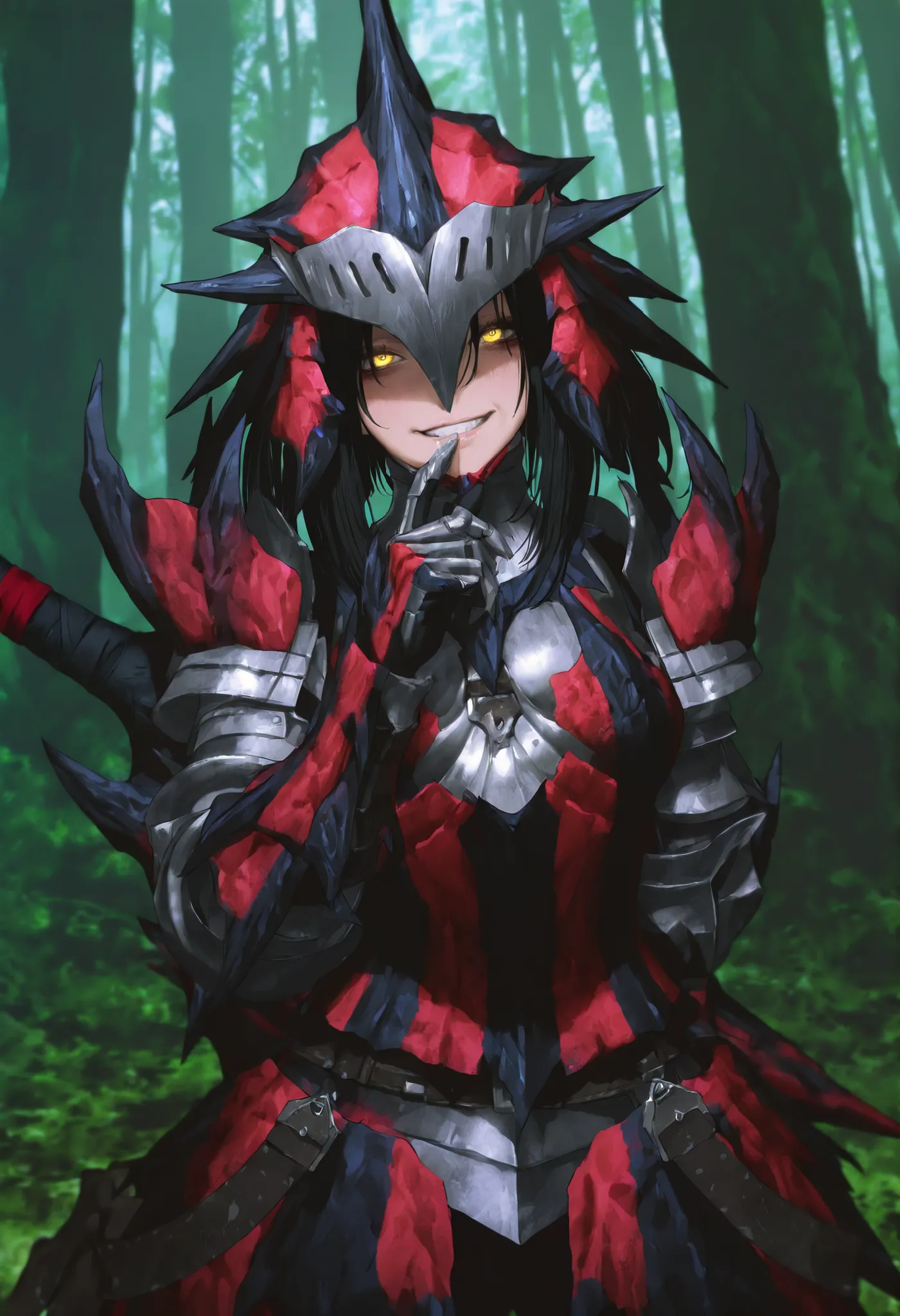 SHSLG,748cmstyle,masterpiece,best quality,amazing quality,high quality,very aesthetic,absurdres,newest,shaded,digital media \(artwork\),depth of field,mhrathfem,1girl,detailed background,forest,helmet,weapon on back,yellow eyes,grin,finger to mouth,black h...