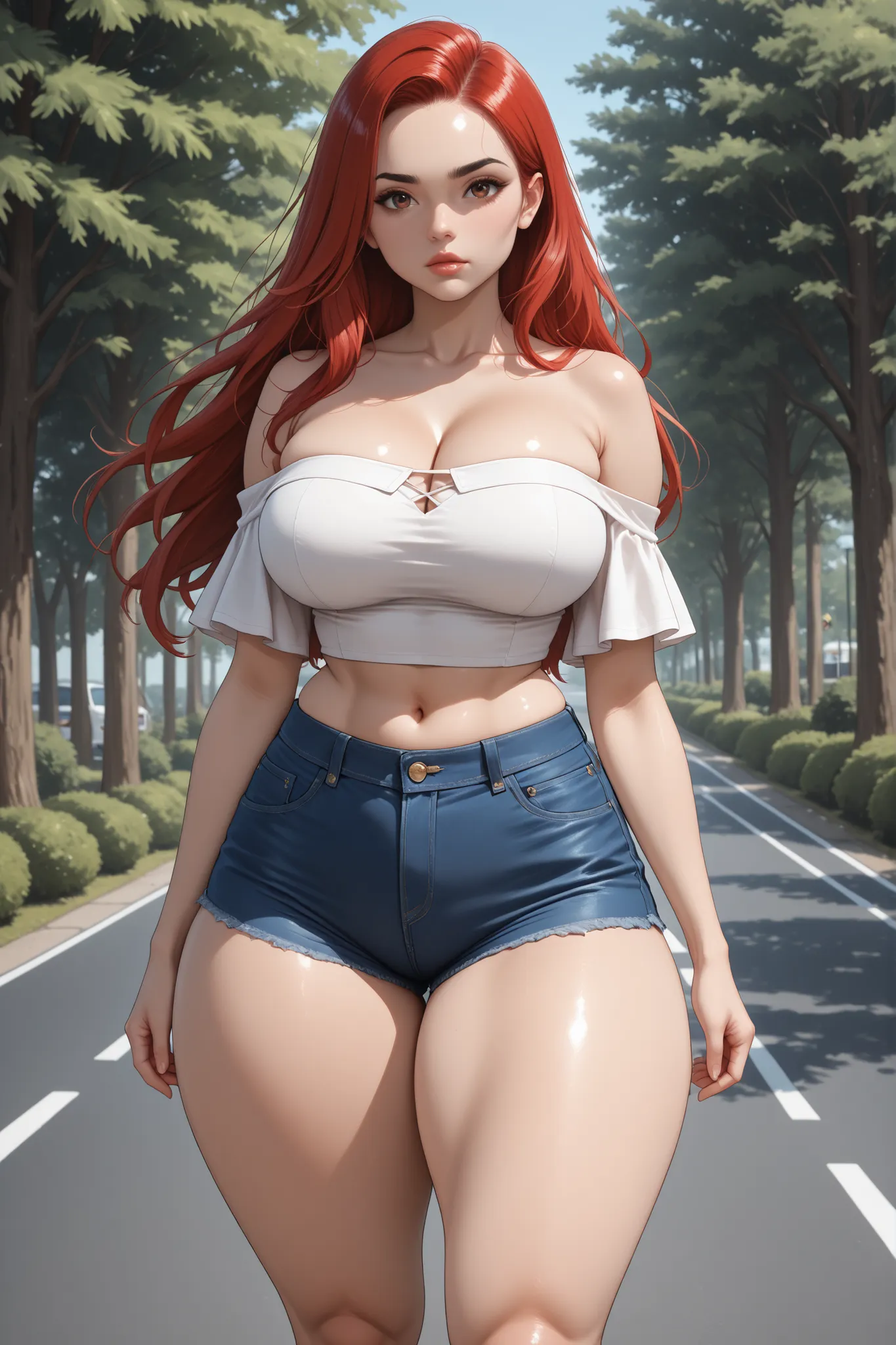 Perfect Face, Perfect Body, Red Hair, Long Smooth Hair, (Forehead), Black Thin Eyebrows, Brown Eyes, Lips Without Makeup, Collarbone, Cleavage, (Large Breasts, Perfect Breasts), (White Off-Shoulders Top), Navel, (Perfect Waist, Perfect Midriff), Standing, ...