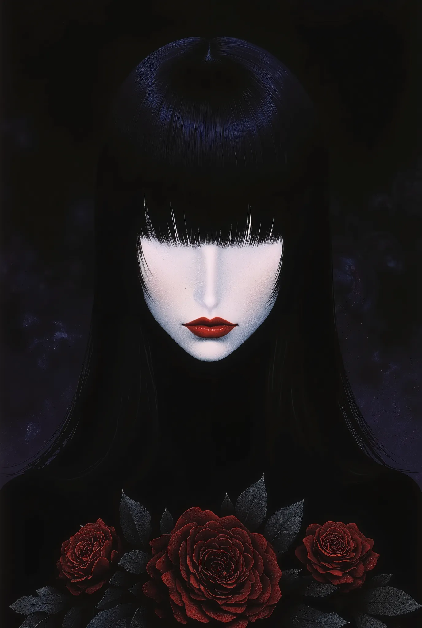 Face portrait of a pale skin girl , black hair cut bob, thin lips with red lipstick, He has no eyes or nose, Only her lips, bottom: Black roses, red and purple.