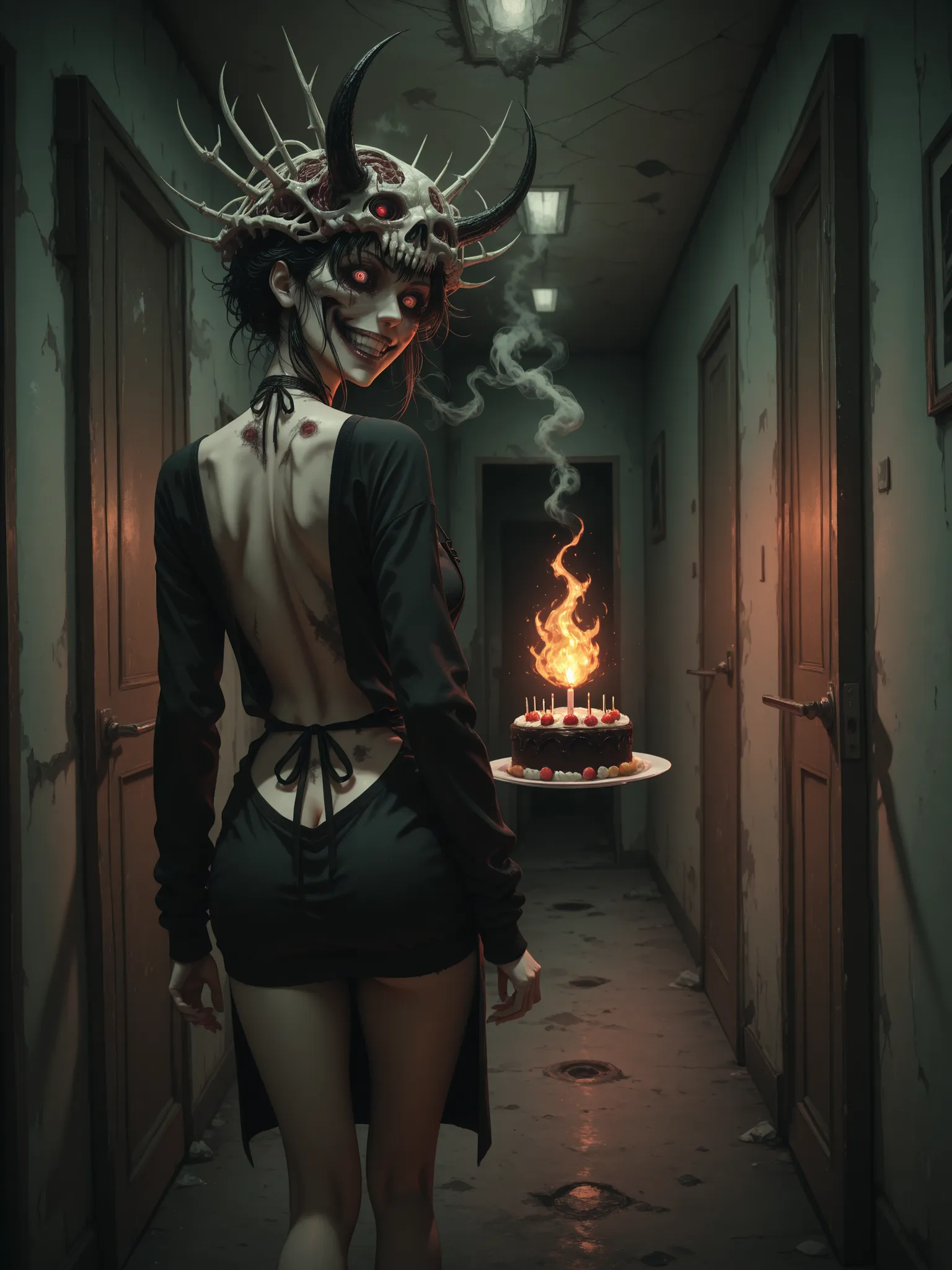 [topic]кадр в стиле horror киберпанк, creepy neighbor out of the dark|
[character]  an ordinary woman , , a naked girl is wearing one apron, without clothes,  a woman and a demon man stands behind an open door, a demon of shadow crawls out of the basement,...