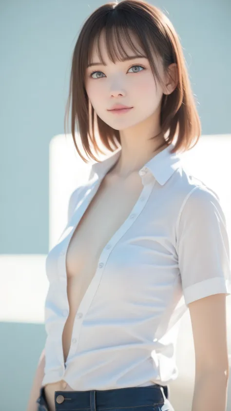 perfect anatomy、very realistic skin texture、Small face woman、Single Girl、grey eyes、Beautiful Eyes、(((white shirt、business shirt:1.37、 unbuttoned Y-shirt )))、small breasts、hotpants、teenager、Morning quiet time、white and light blue background
