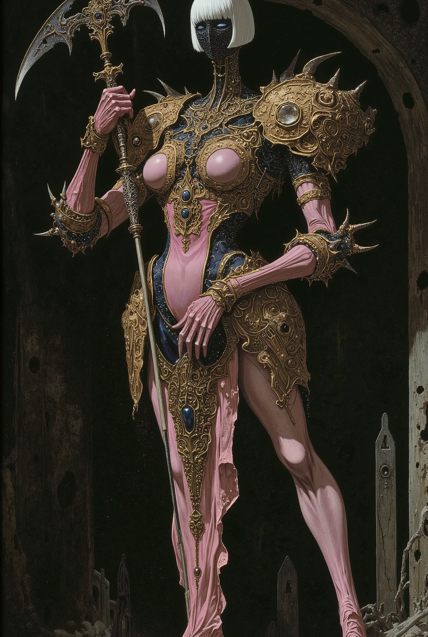 ((low angle)) Cybernetic goth girl Mecha, very high, piernas largas , cut bob breasts, white hair, reaper in his armor, holding a reaper. dynamic posture. Background of the catacombs.