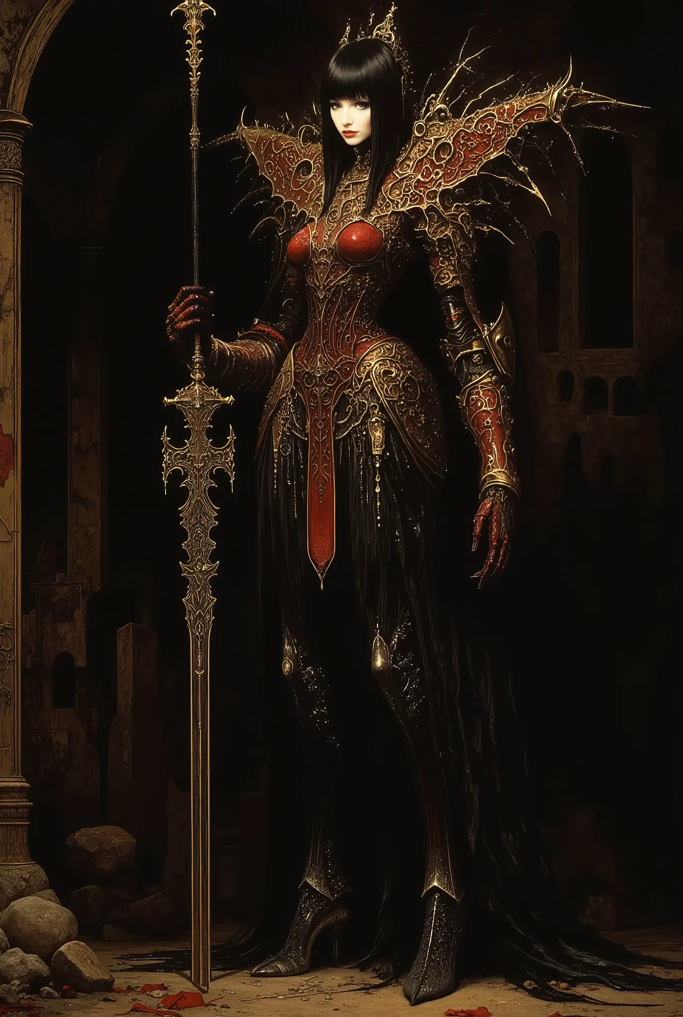 Cybernetic goth girl Mecha, very high, piernas largas , cut bob breasts, black hair, color gold and red in her armor, holding a reaper. dynamic posture. Background of the catacombs.