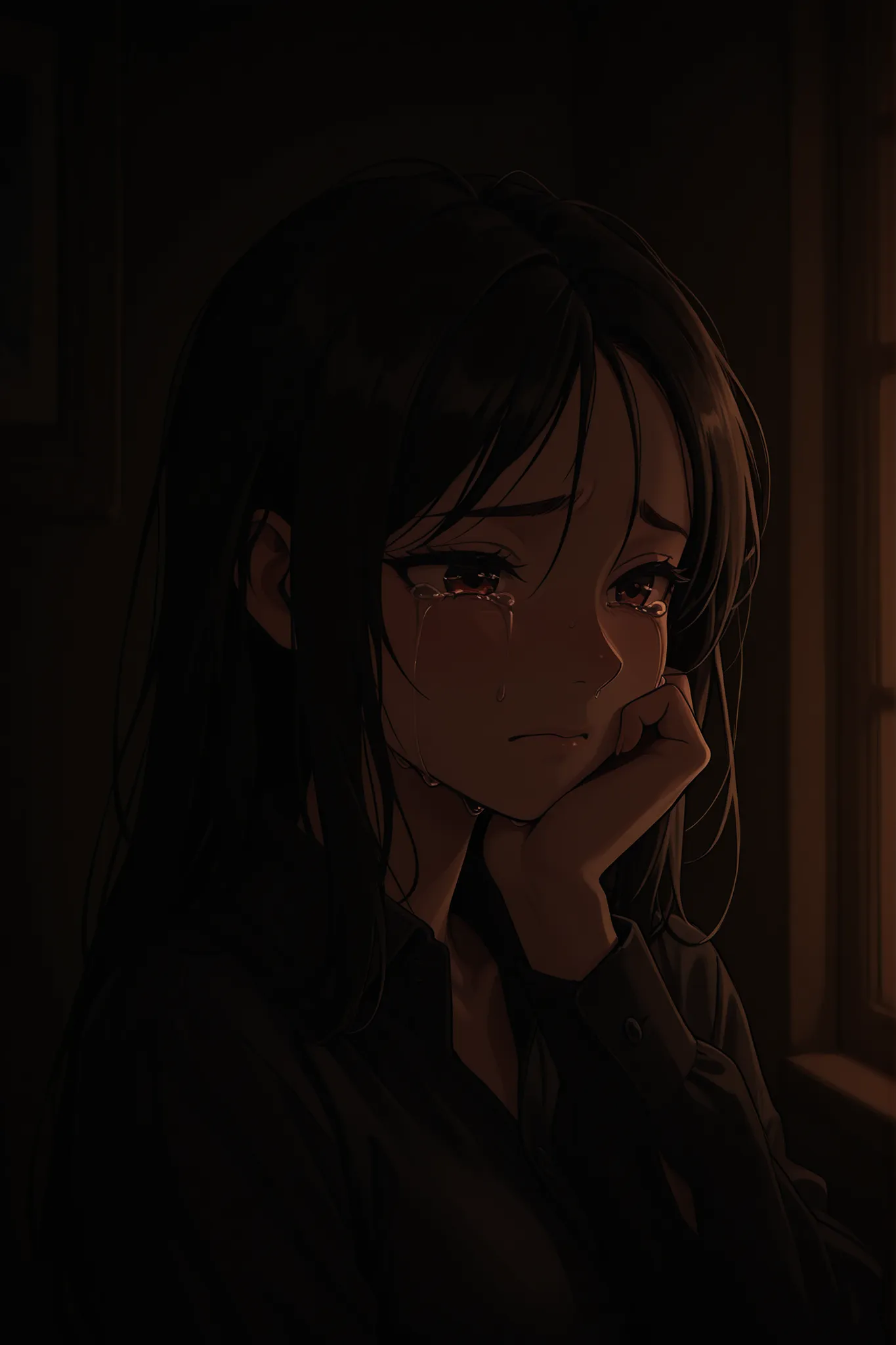 Woman In Crying of Sad, Dark Room