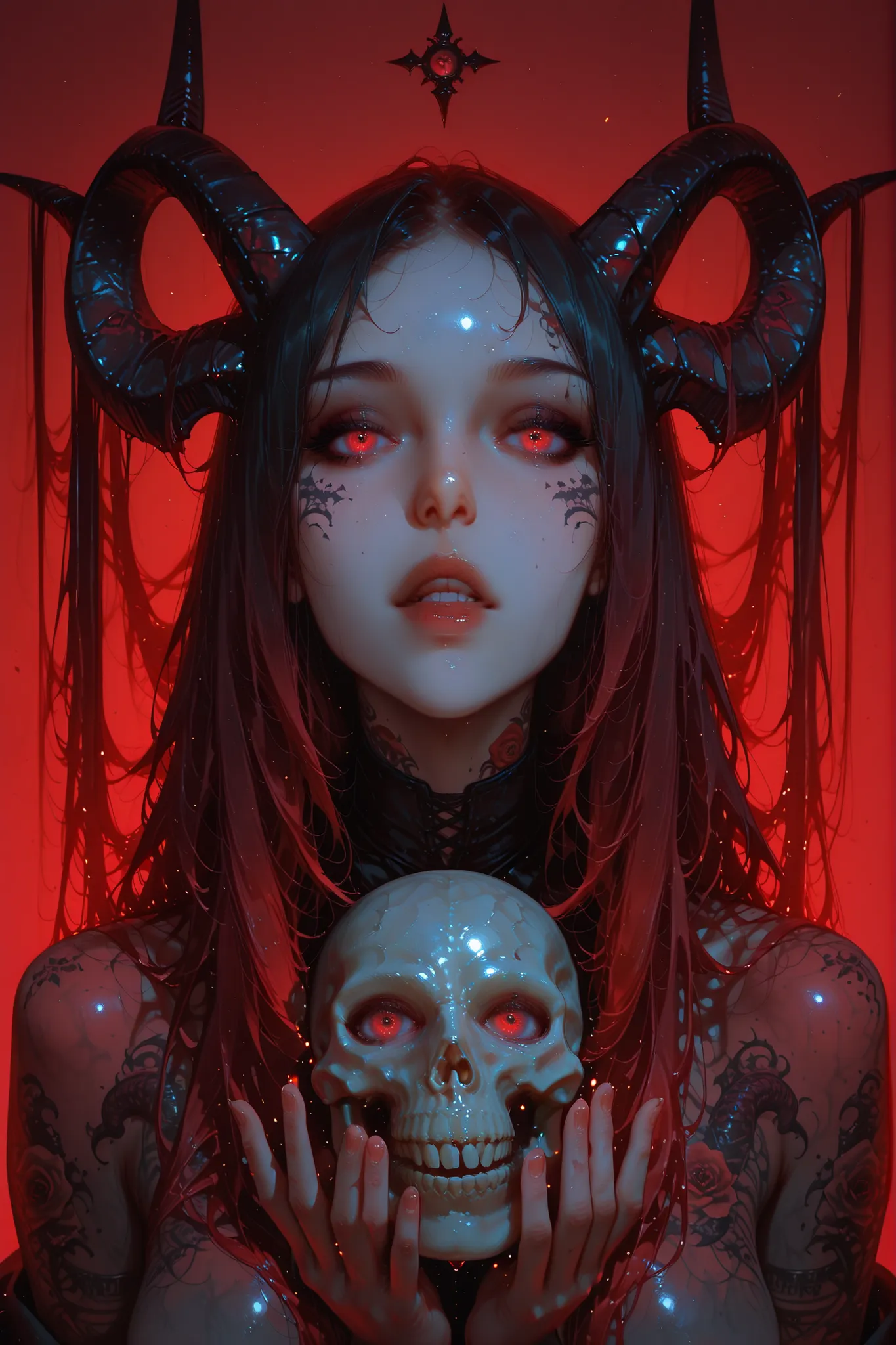 In a dark and brooding hyperrealistic illustration, a striking and ethereal woman with long, flowing hair and dramatic, curved horns stands against a gradient black and red background. Her skin is pale, and her body bears intricate tribal tattoos. She is t...