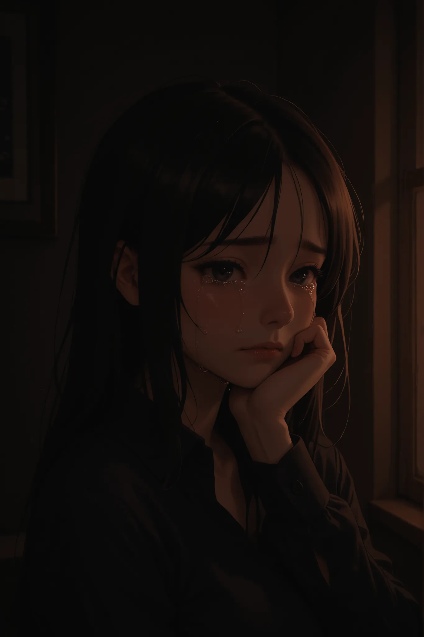 Woman In Crying of Sad, Dark Room