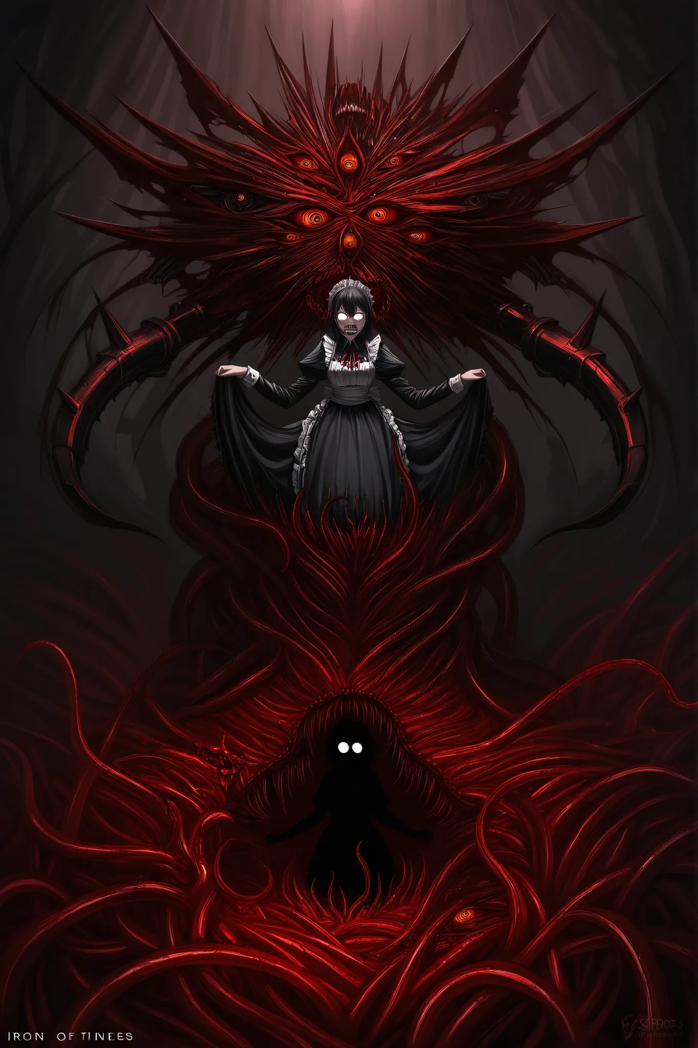 high quality, dark art, mechanical horror, metal maid-construct, opening body with spikes inside, bloody tentacles twist in a cavity, lots of eyes and teeth in organic mass, human-like silhouette of flesh inside, iron hinges and rivets, gothic style maid d...