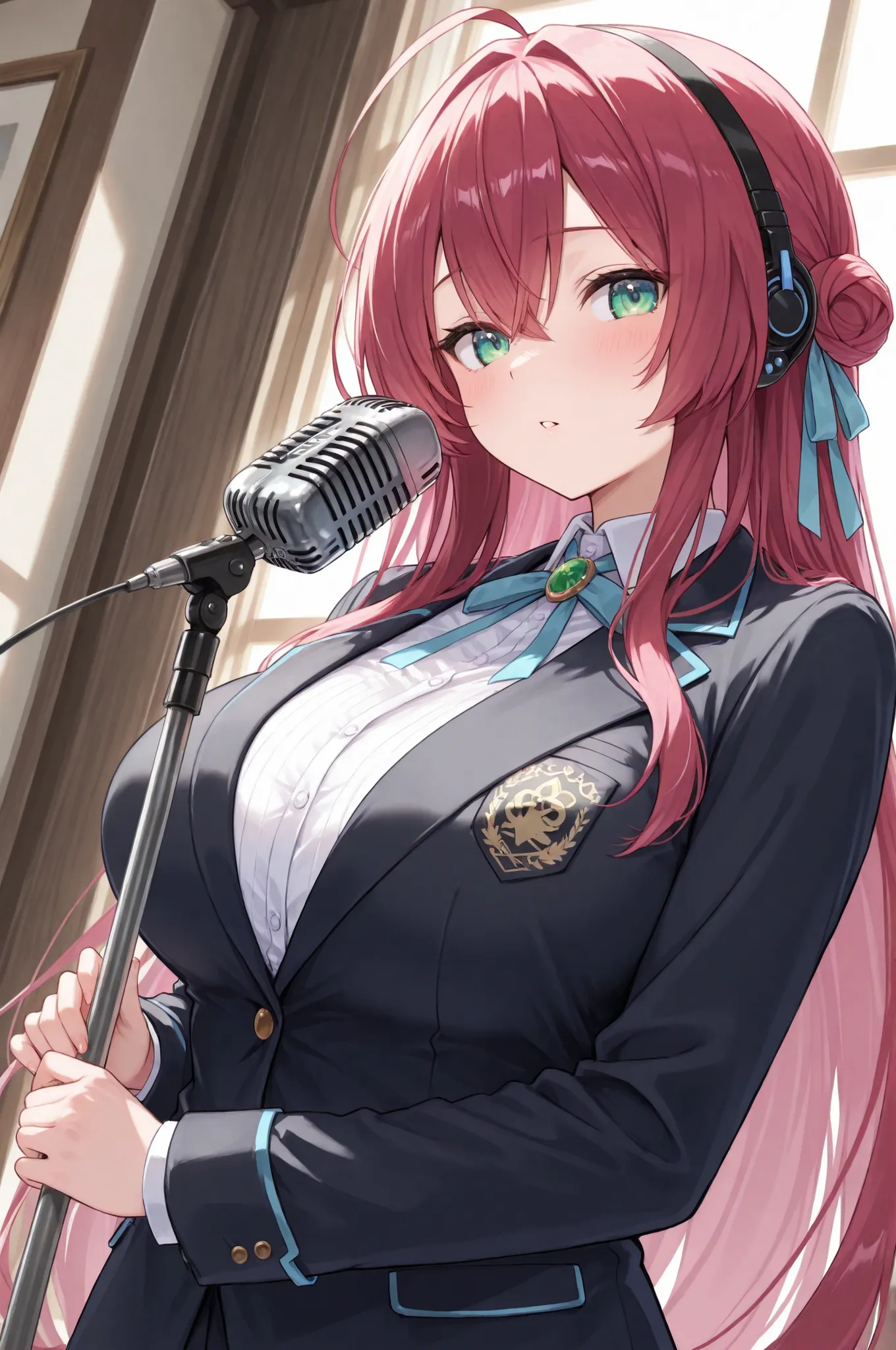 Female vocalist who winks。Microphone Stand。A。Angle showing the upper body from below