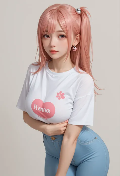 Japanese beautiful girl, huge breaats . pure color background,
honoka, pink hair, , made a playful expression. ,
tight t shirt, light blue jeans, earrings,
tight suits,