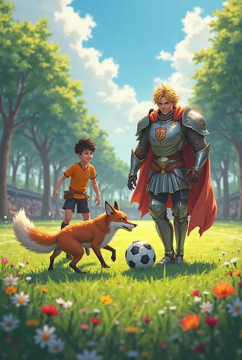 Generate for me a photo of the character Knights of the Zodiac Asterion with a Breton Spaniel and the character Knight of the Zodiac Daichi with a fox on a soccer field please

