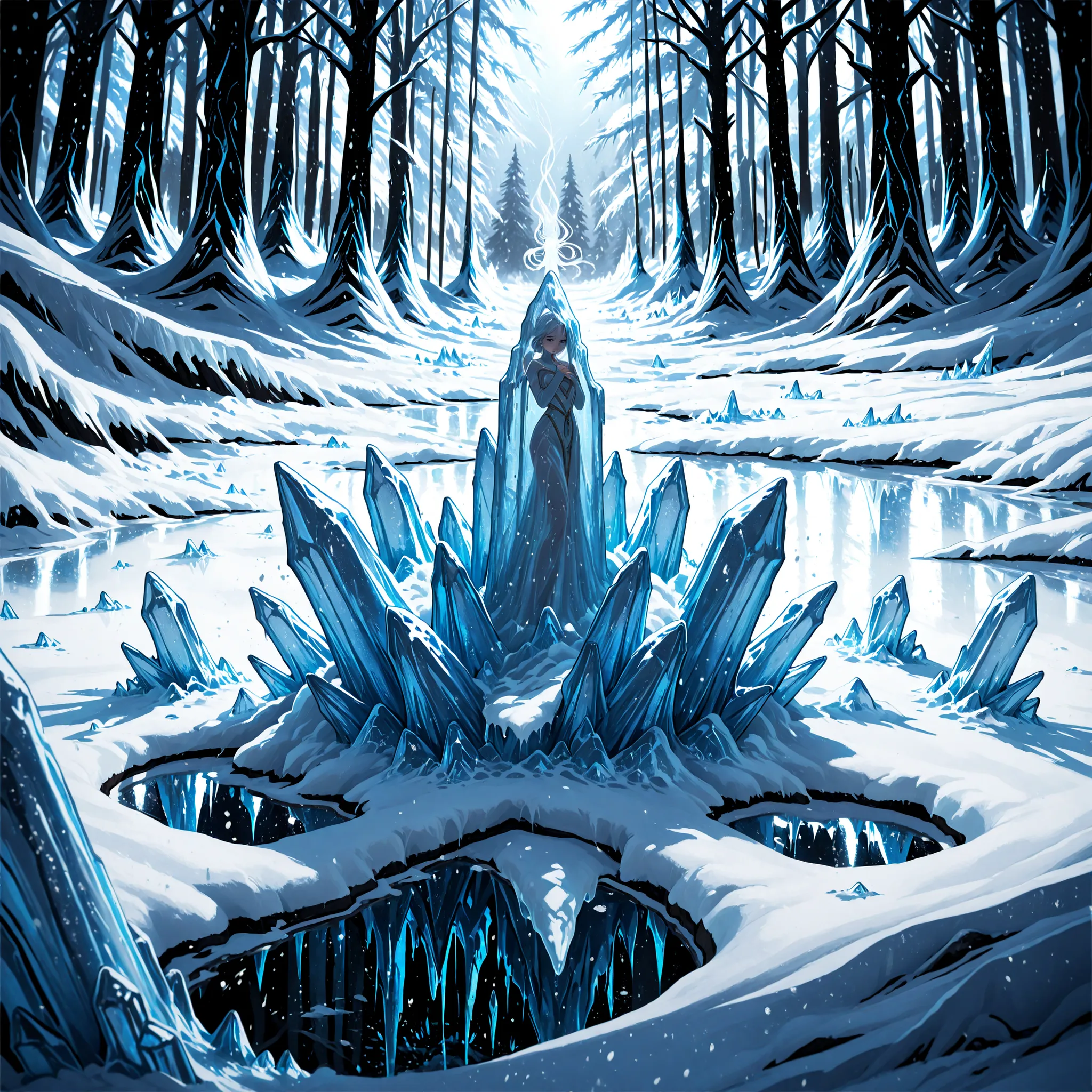 top quality, masterpiece, super delicate, Frozen Earth , Permanent Ice Field, Pale Ice Crystals, snowstorm, Lonely Winter Grove, The art of ice, Deep Blue Air, Flow When Frozen, Silver World's Silence, The brilliance of icicles, Snow Swirls, Cold Moonligh...