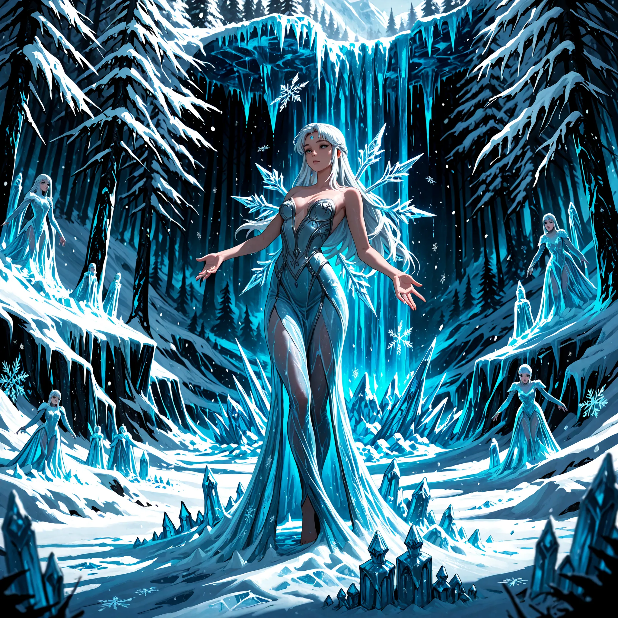 SUPREME QUALITY , masterpiece painting, Ultimate Details, The Land of Ice, Forest Wrapped in a Snowstorm, Frozen Waterfall, Ice Palace, Dawn of the Silver World, The Book of Ice and Fog, Frozen Wind , Ice sculpture, Snowflakes Dance, mysterious blue light...