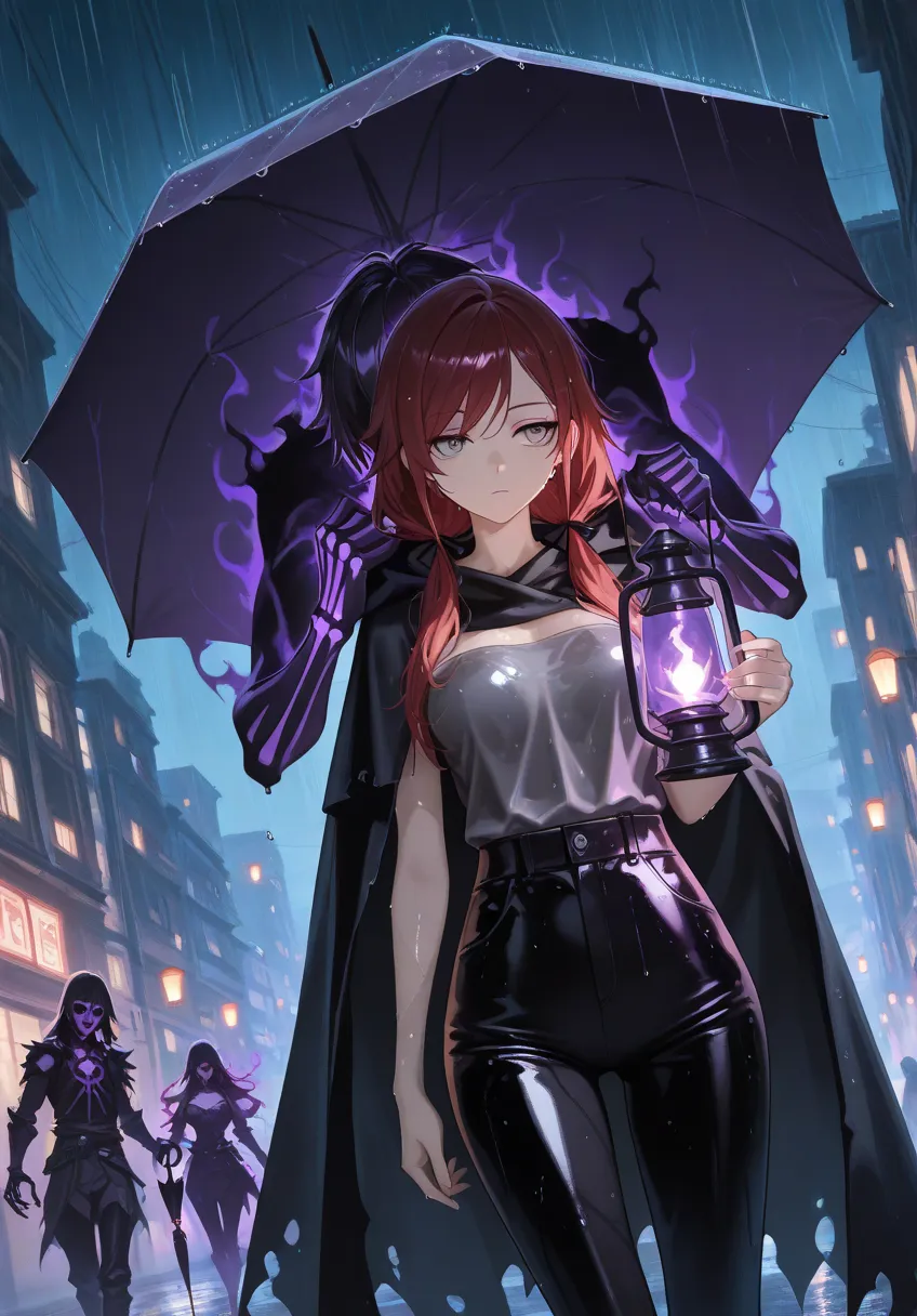 (masterpiece), high quality, best quality, newest, anime character, messy hair, ark red hair, dark purple highlights, scar, dark shadows on hands, long hair, low twin tails, swept bangs, gray eyes, lifeless eyes, shadows over eyes, tired, dynamic angle, long swept bangs, strapless sleeveless shirt, gray shirt, hair ribbons, black trousers, black cloak, tattered cloak, dark purple aura, dark purple splash effect, holding lantern, holding umbrella, ((dark aura, glowing lantern, shadowy aura, purple skulls biting into shoulders, shadowy skeletal minions)), city in background, night, rain, heavy rain, wet clothes, wet hair, wet skin, BREAK extreme quality, cg, masterpiece, 8k, dark theme, glowing, serious but cute, glowing orb, holding orb, gravity