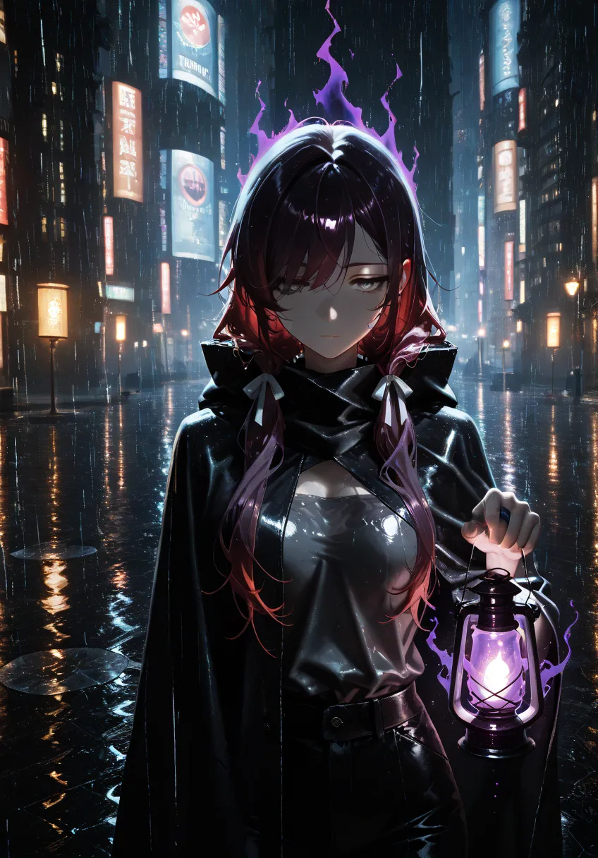 (masterpiece), high quality, best quality, newest, ruanyi0935,night,puddle,rain,water, anime character, close up, upper body, messy hair, ark red hair, dark purple highlights, scar, dark shadows on hands, long hair, low twin tails, swept bangs, gray eyes, lifeless eyes, shadows over eyes, tired, dynamic angle, long swept bangs, strapless sleeveless shirt, gray shirt, hair ribbons, black trousers, black cloak, tattered cloak, dark purple aura, dark purple splash effect, holding lantern, holding umbrella, ((dark aura, glowing lantern, shadowy aura)), city in background, night, rain, heavy rain, wet clothes, wet hair, wet skin, BREAK extreme quality, cg, masterpiece, 8k, dark theme, glowing, serious but cute, glowing orb, holding orb, gravity