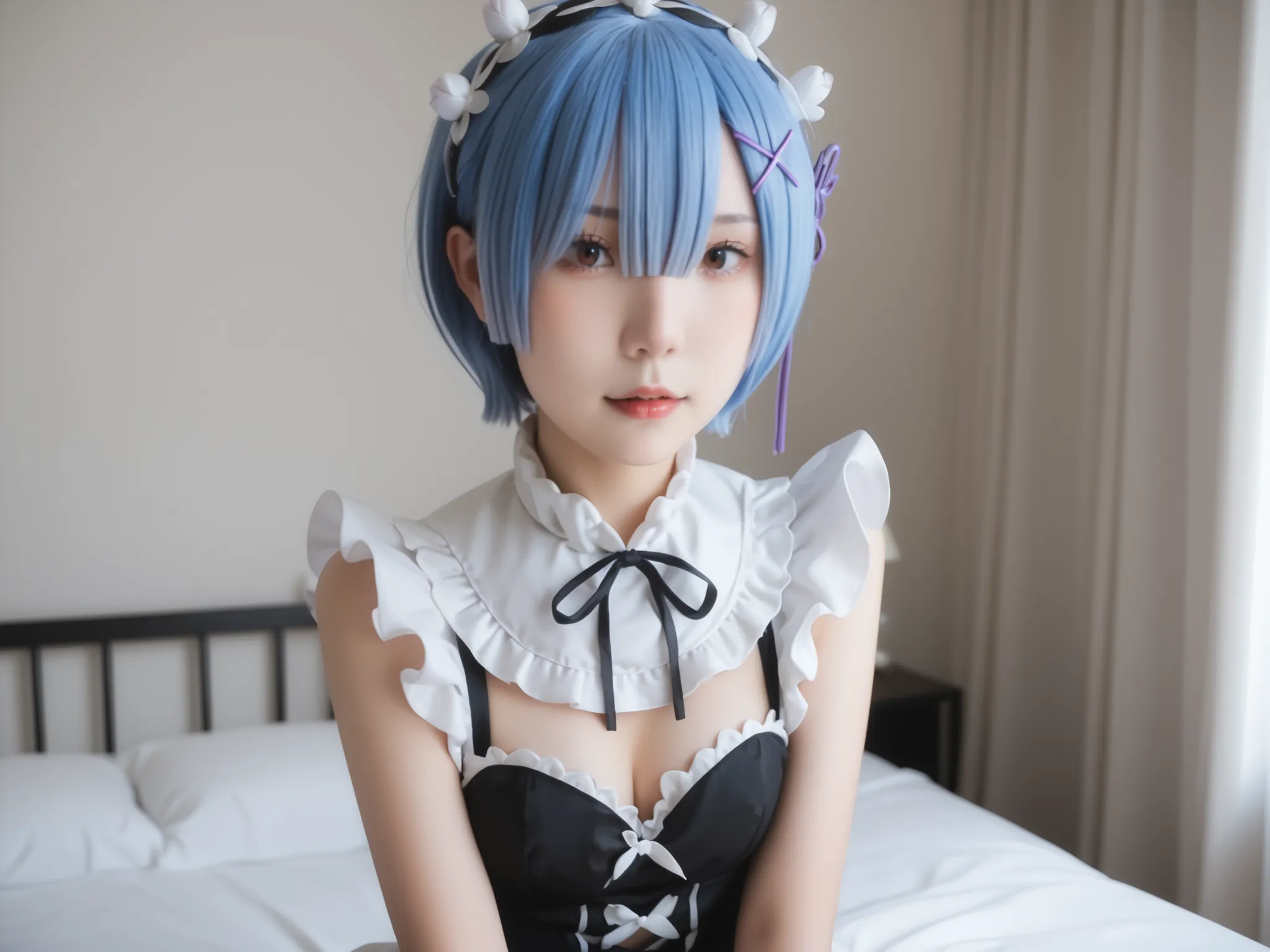 A cute slim girl cosplaying as Rem from Re:Zero, blue short hair, wearing a sexy black and white maid outfit, lace details, gentle and submissive pose, sitting on a bed, soft ambient light, kawaii atmosphere, photorealistic
