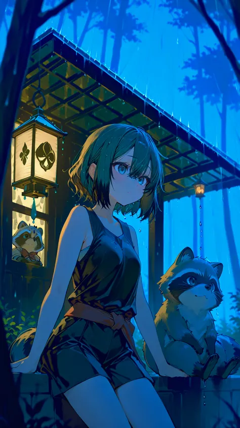 ( Raindrops Dripping from the Roof:2),( sitting across from a raccoon:1.5),Staring at a raccoon face to face、(真っ暗な森:1.1)、(big Mirror clock:1.1), (Resting place in the forest:1.3), (lantern:1.5),(cowboy shot:1.5),(焚き火の灯り:1.5),(from behind:1.2)