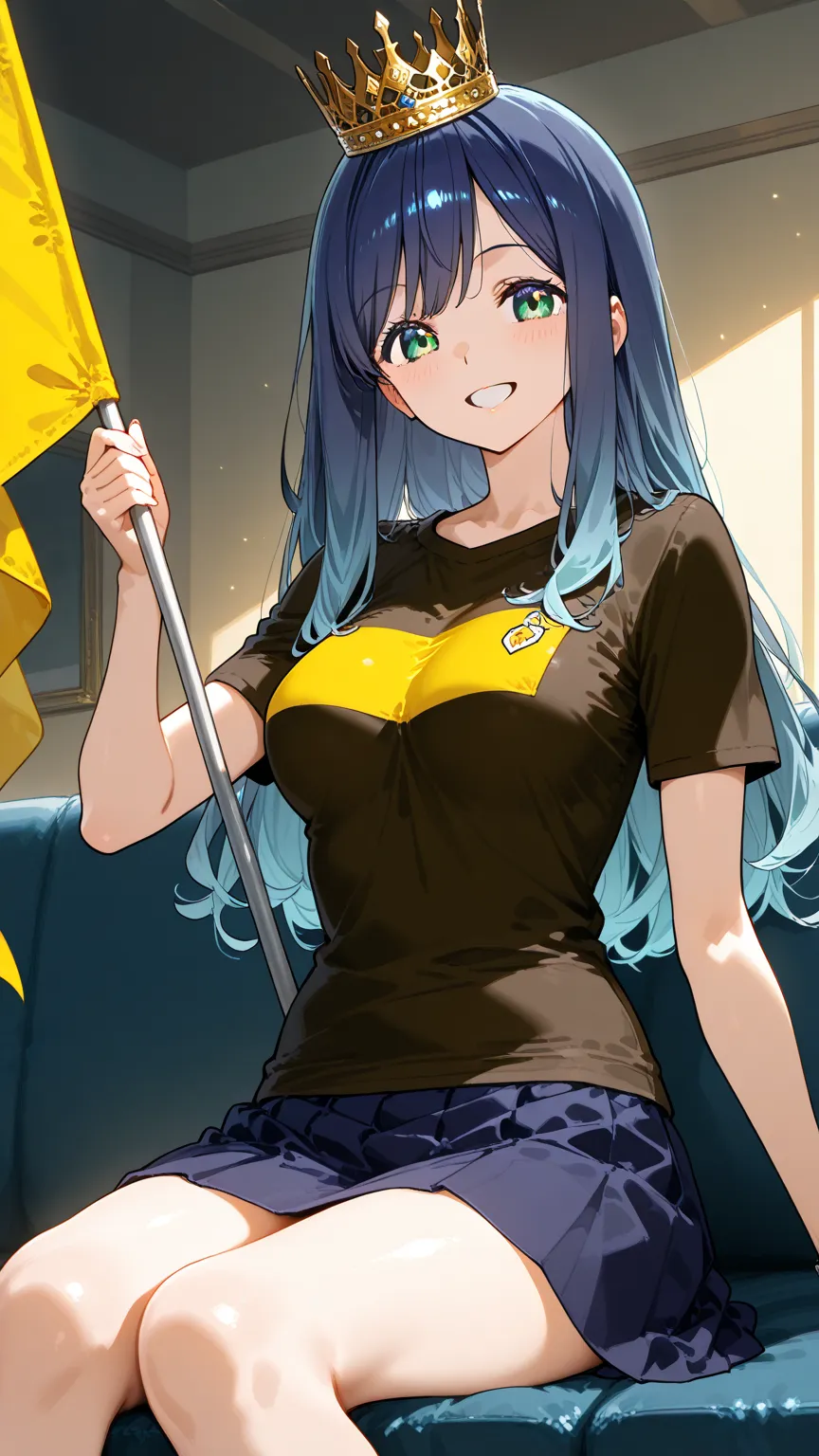 medium breasts ,Kurokawa Akane (long hair)  a crown on her head , happy, wearing a dark yellow sports t-shirt, a dark blue skirt, holding a medium yellow flag, Sitting on a couch celebrating the victory of their favorite team
