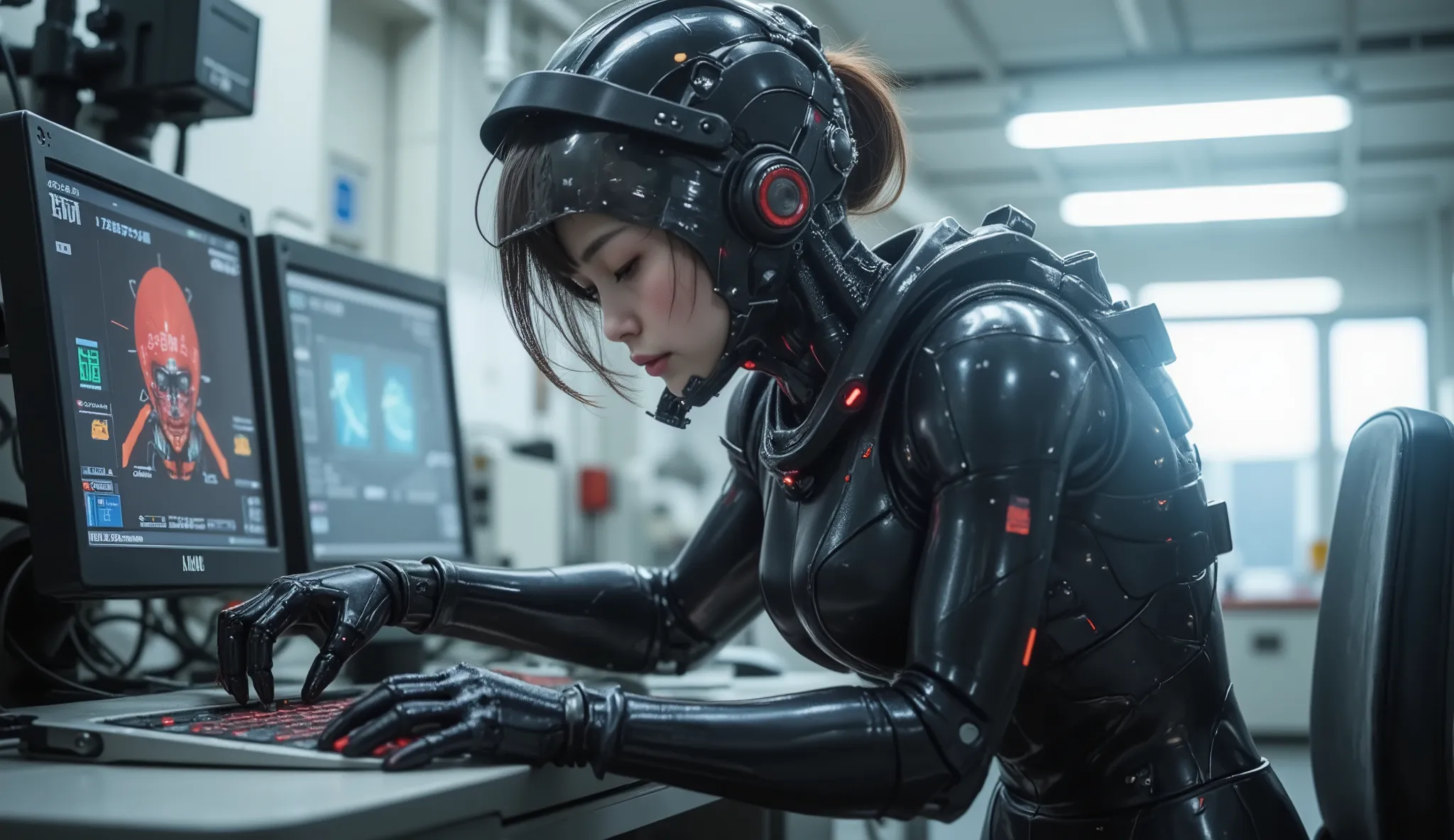 ultrarealistisch, fotorealistisch, dramatische Szene, Schatten, globale Beleuchtung, Allein, perfekte Anatomie, perfekte Finger, (young Japanese famous idol girls, aber Cyborg), very nice with very cute face, detailed facial skin texture, you Body is conve...