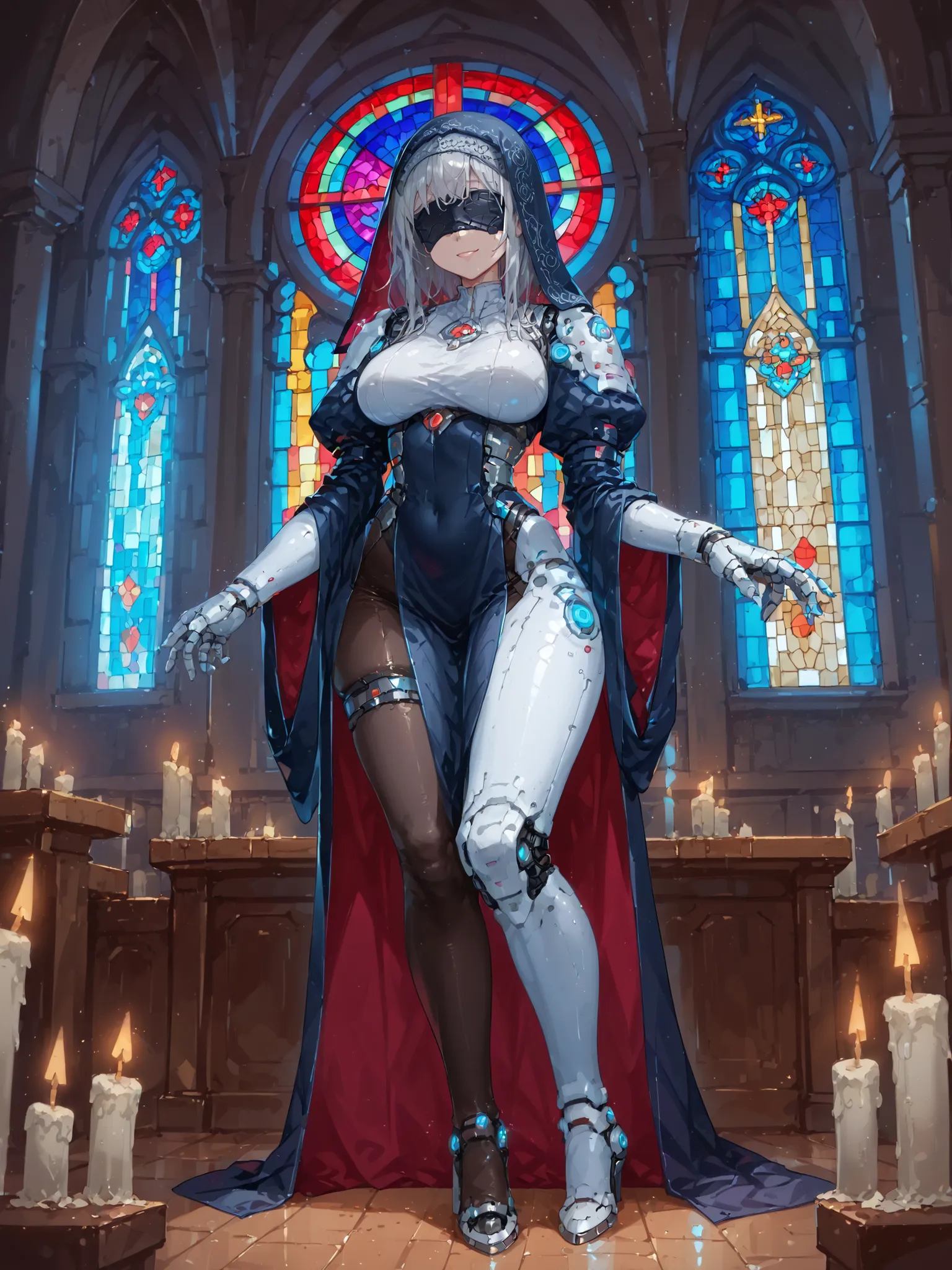 High Quality、anatomically accurate、  android girl  、 gray hair、detailed body , Shiny White Armor, very sexy 、my skin is white, layered , mechanical body、big boobs, thin waist,mechanical flanks、 Nice legs, mechanical foot、nice thighs、white skin、big boobs、St...