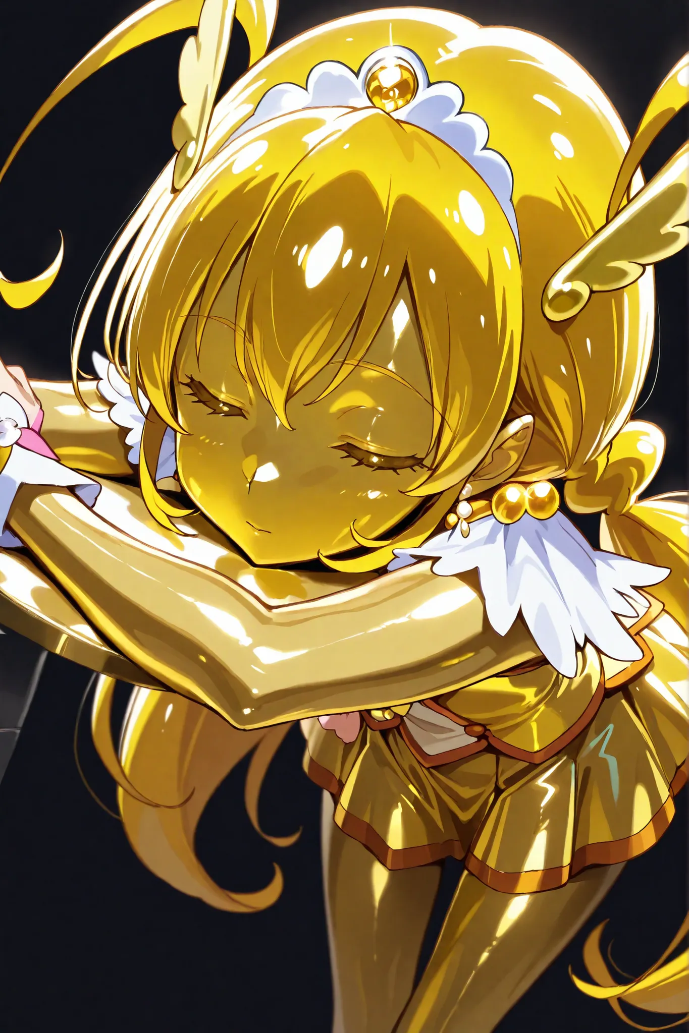 Cure Happy, masterpiece, best quality, Newest, very high resolution, closed eyes, yellow hair,  yellow sclera, closed mouth, No students, Yellow skin, shiny skin,  metal skin, Black eyebrows, Hanging eyebrows, 1girl, solo, cowboy shot, standing, Dynamic, W...