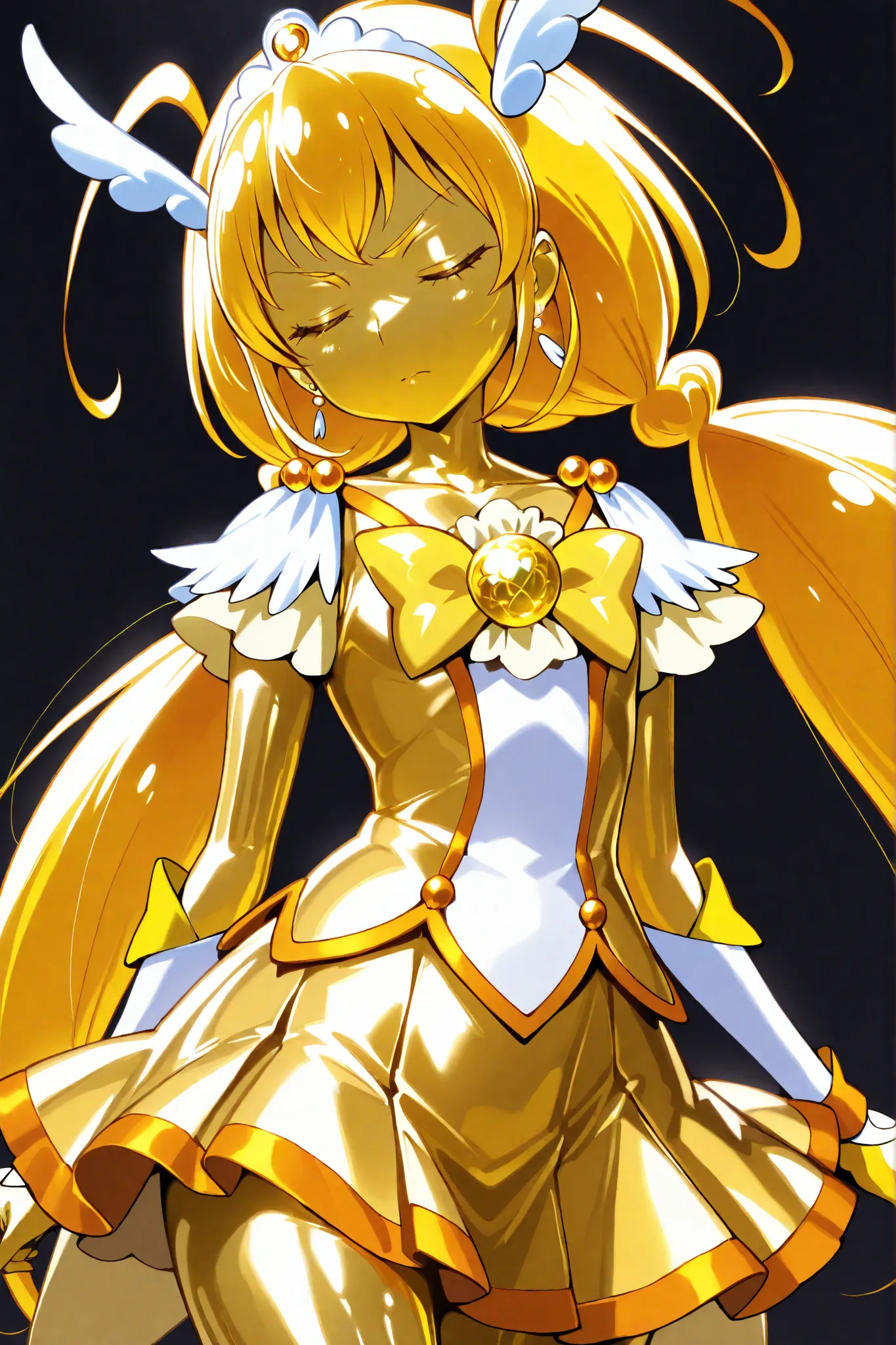 Cure Happy, masterpiece, best quality, Newest, very high resolution, closed eyes, yellow hair,  yellow sclera, closed mouth, No students, Yellow skin, shiny skin,  metal skin, Black eyebrows,  1girl, solo, cowboy shot, standing, Dynamic, Watching Viewers, ...