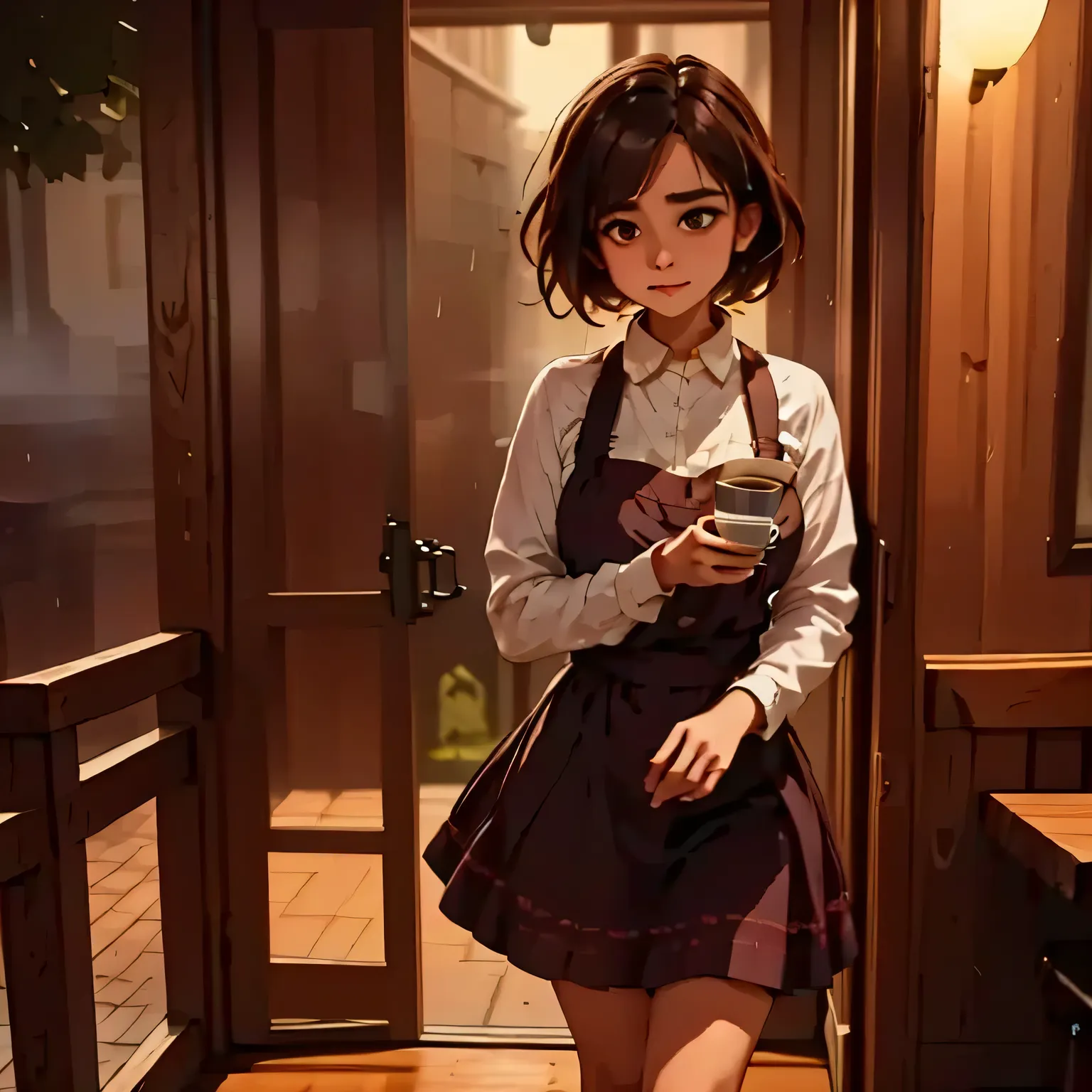 A handprint on the fogged window of a rain-soaked café Inside, a steaming cup left untouched. Outside, someone walks away into the night—their silhouette blurred by the downpour.