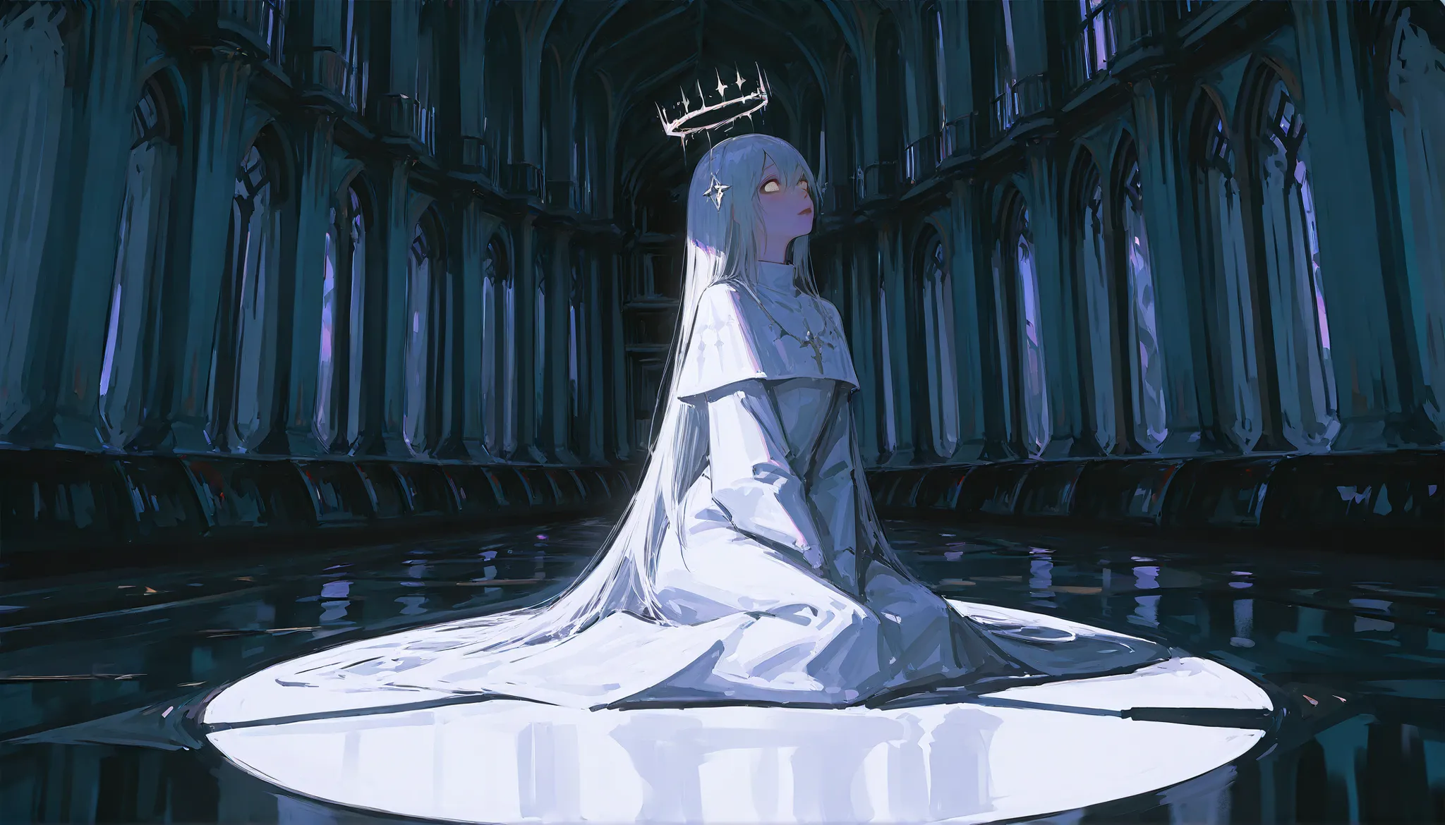 (1girl:1.5), conceptual manga illustration in black and white with deep contrast and surreal precision. The scene shows a lone female figure at the center of a vast mirrored chamber — a divine, ethereal room made entirely of luminous white light and subtle...