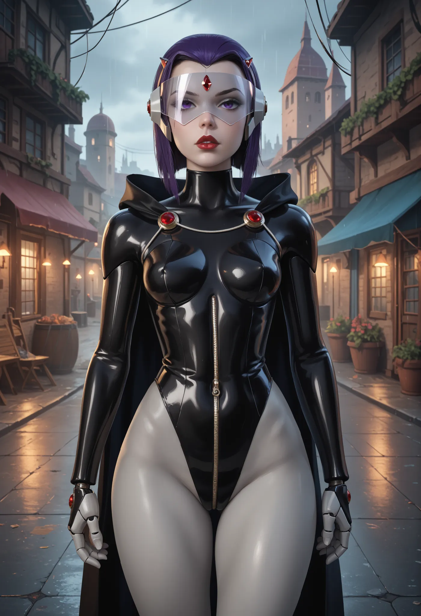 rachel roth, colored skin, grey skin, purple hair, medium hair, forehead jewel, purple eyes, small breast, huge hips, dark red lips.| score_9, score_8_up, score_7_up, fantasy rogue, standing almost hidden in a dark alleyway of a medieval town, raining, mas...
