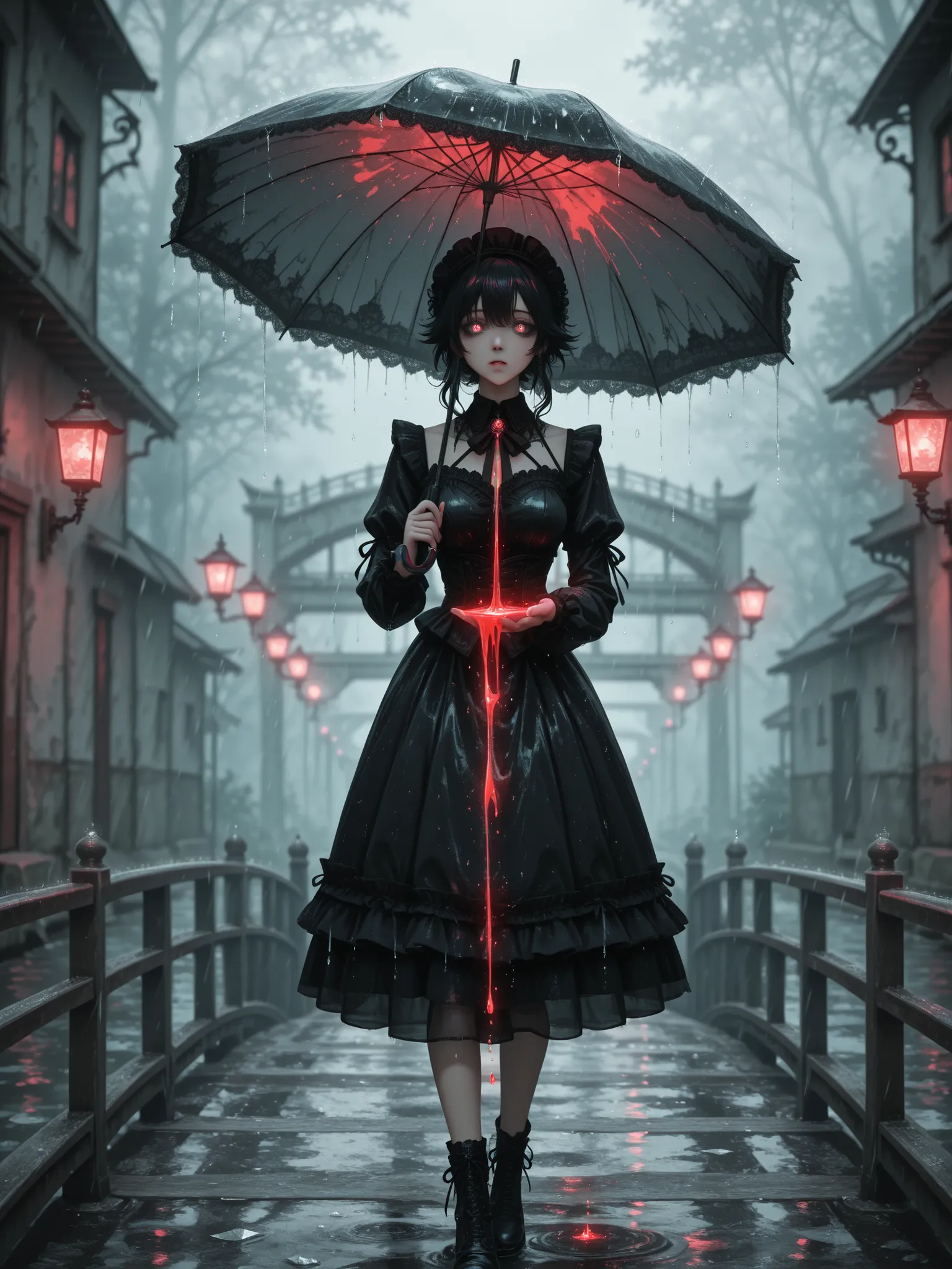 Young woman walks across an old bridge under an umbrella, in the pouring rain , sees a ghostly image, waiting for her past love, waiting for her. Rain falls, like shards of memory. style: gothic romantic, soft focus, ethereal lighting.
