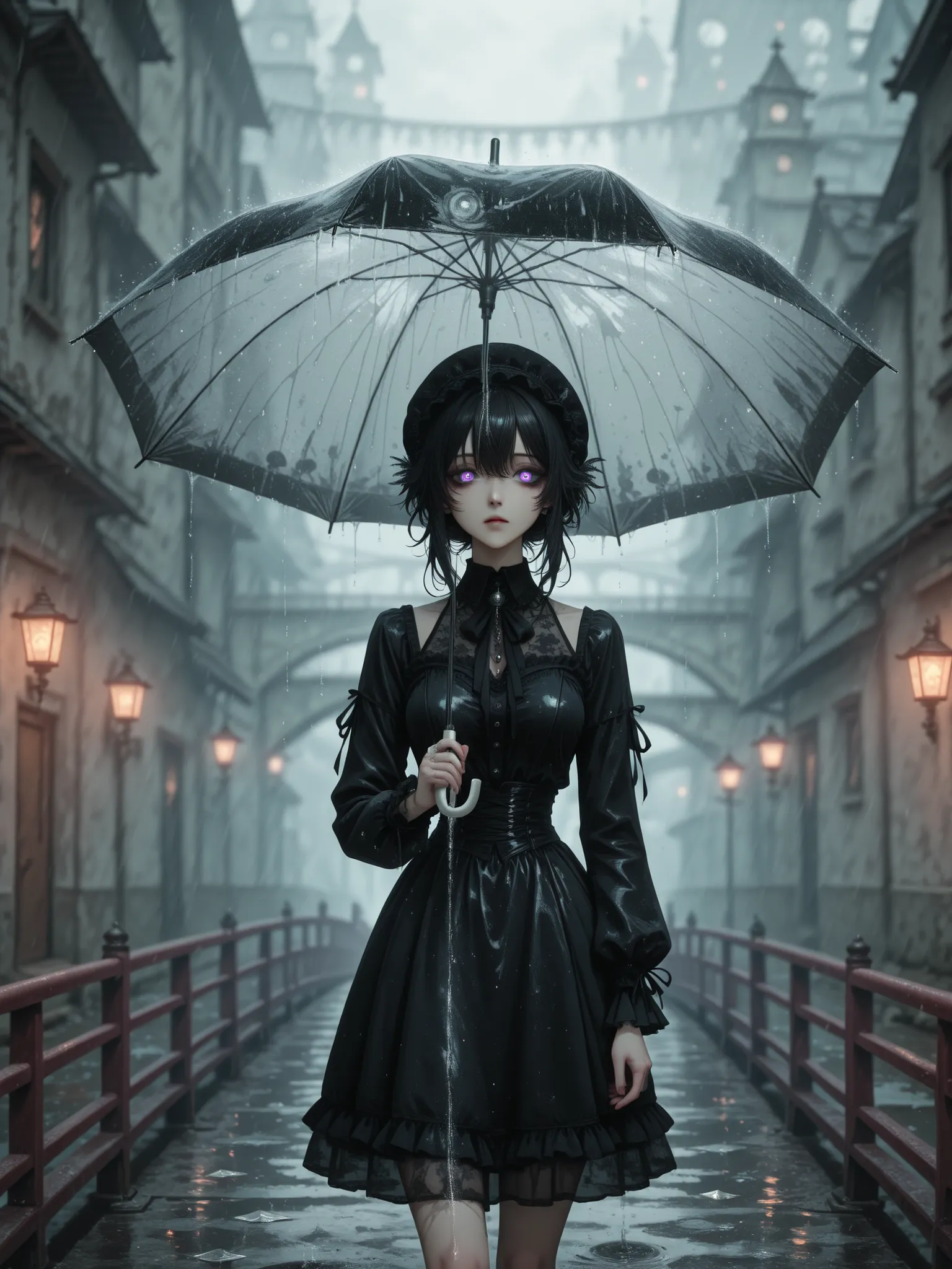 A young woman walks across an old bridge under an umbrella, in the pouring rain , sees a ghostly image, waiting for her past love, waiting for her. Rain falls, like shards of memory. style: gothic romantic, soft focus, ethereal lighting.