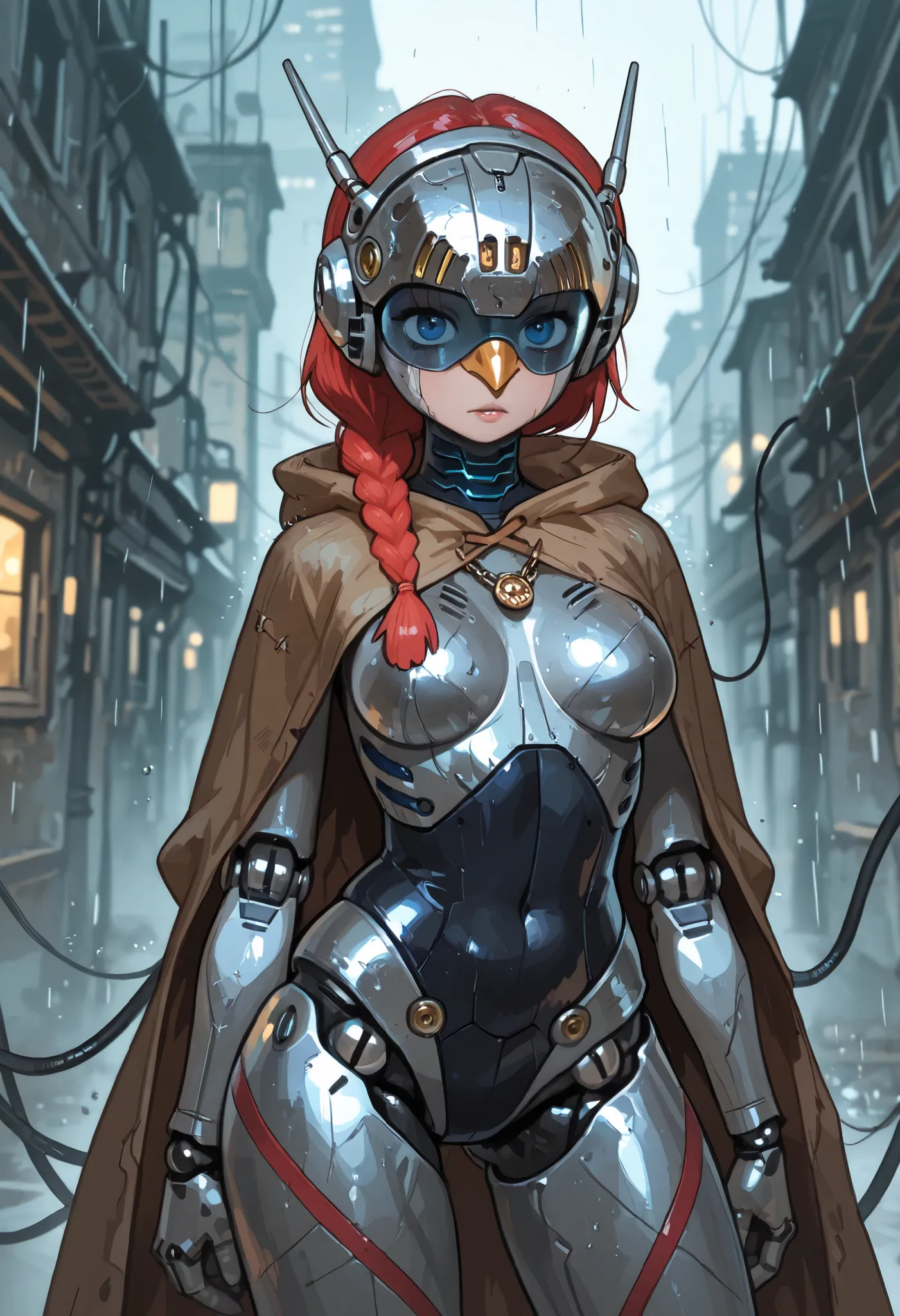 Ranma Saotome. red hair. blue eyes. braid. small breasts. wide hips. necklace. black eyeliner. pink manicure. | score_9, score_8_up, score_7_up, fantasy rogue, standing almost hidden in a dark alleyway of a medieval town, raining, masterpiece, best quality...