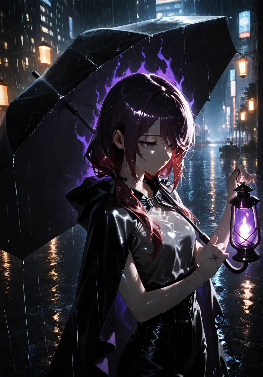 (masterpiece), high quality, best quality, newest, ruanyi0935,night,puddle,rain,water, anime character, close up, upper body, messy hair, ark red hair, dark purple highlights, scar, dark shadows on hands, long hair, low twin tails, swept bangs, gray eyes, lifeless eyes, shadows over eyes, tired, dynamic angle, long swept bangs, strapless sleeveless shirt, gray shirt, hair ribbons, black trousers, black cloak, tattered cloak, dark purple aura, dark purple splash effect, holding lantern, holding umbrella, ((dark aura, glowing lantern, holding umbrella, girl holding an umbrella, shadowy aura)), city in background, night, rain, heavy rain, wet clothes, wet hair, wet skin, BREAK extreme quality, cg, masterpiece, 8k, dark theme, glowing, serious but cute, dynamic angle, action pose,