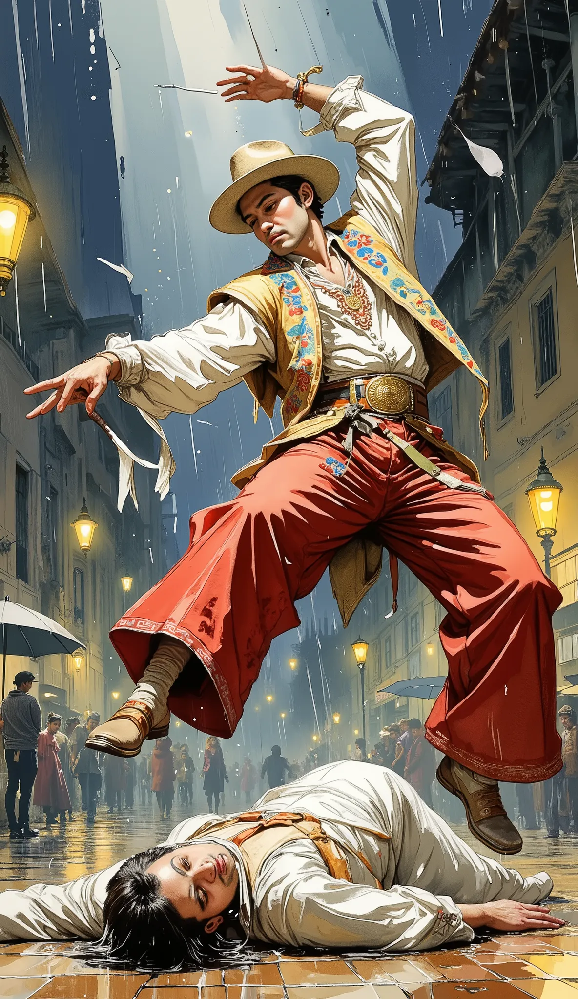 A traditional Peruvian Scissors Dancer (Danzante de Tijeras) from Ayacucho, mid-air in a powerful leap during a ritual dance in a rain-soaked public plaza at night. His embroidered Andean costume is vibrant, with wide-legged pants in red and gold, a richly...