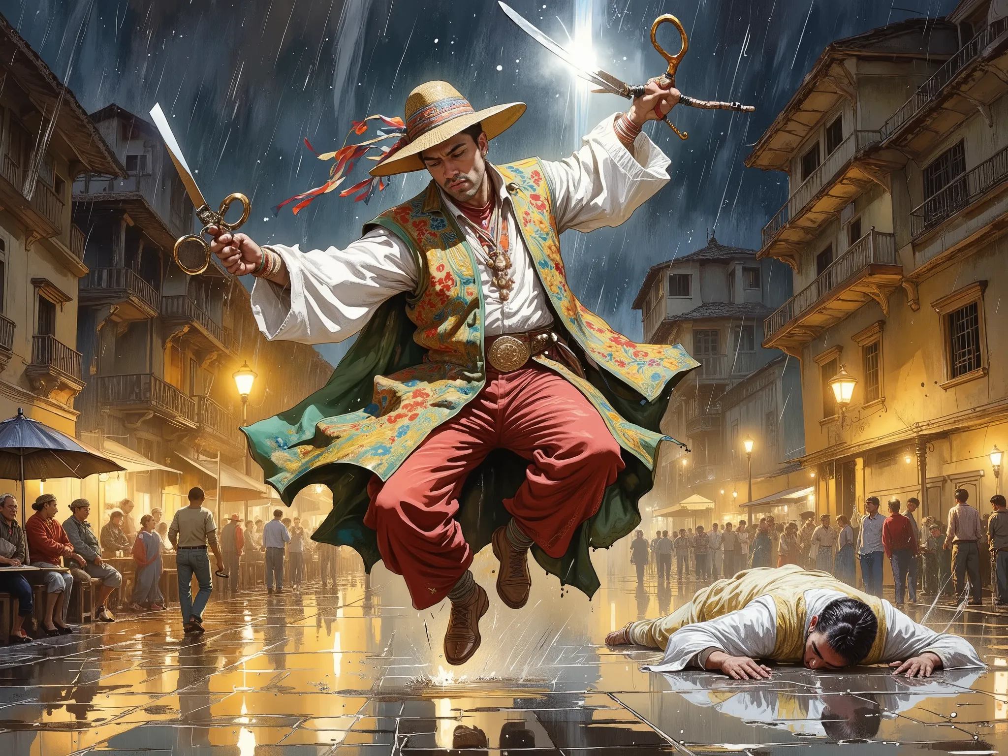 A traditional Peruvian Scissors Dancer (Danzante de Tijeras) from Ayacucho, mid-air in a powerful leap during a ritual dance in a rain-soaked public plaza at night. His embroidered Andean costume is vibrant, with wide-legged pants in red and gold, a richly...