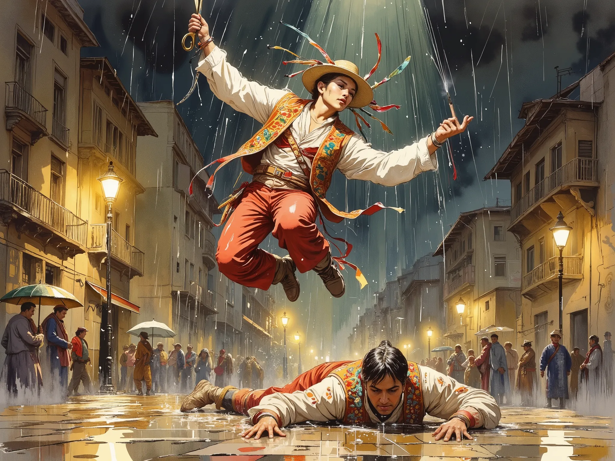 A traditional Peruvian Scissors Dancer (Danzante de Tijeras) from Ayacucho, mid-air in a powerful leap during a ritual dance in a rain-soaked public plaza at night. His embroidered Andean costume is vibrant, with wide-legged pants in red and gold, a richly...