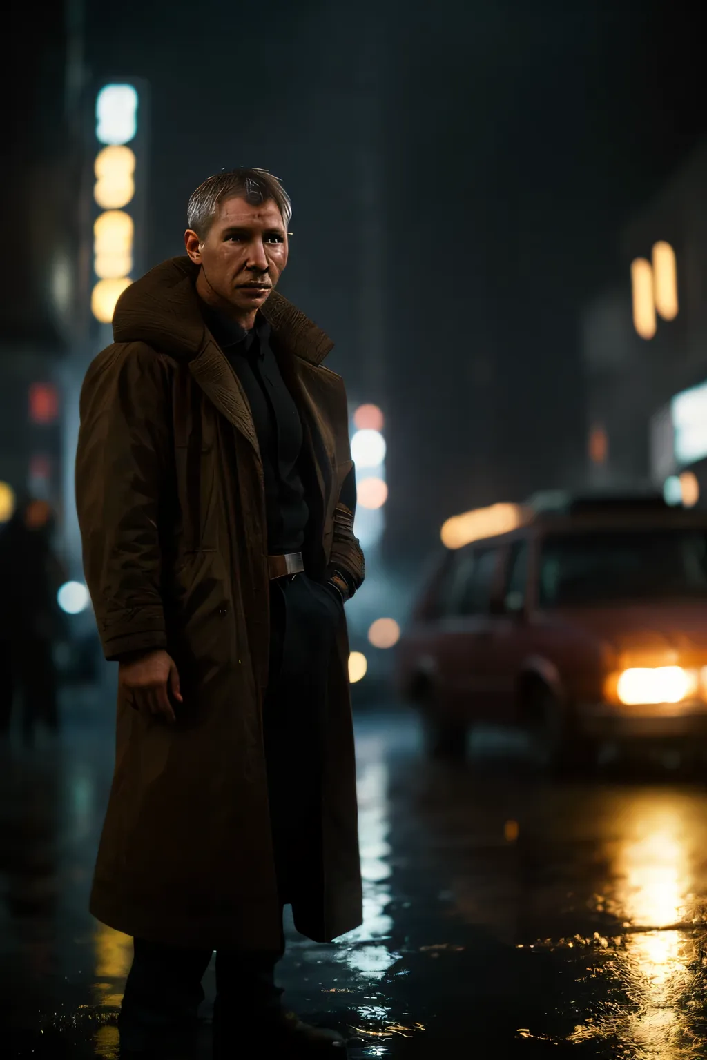 Realistic image、realistic photos、realistic skin texture、Rainy Night Road、behind、 The World of Blade Runner 、Deckard is standing and looking over here