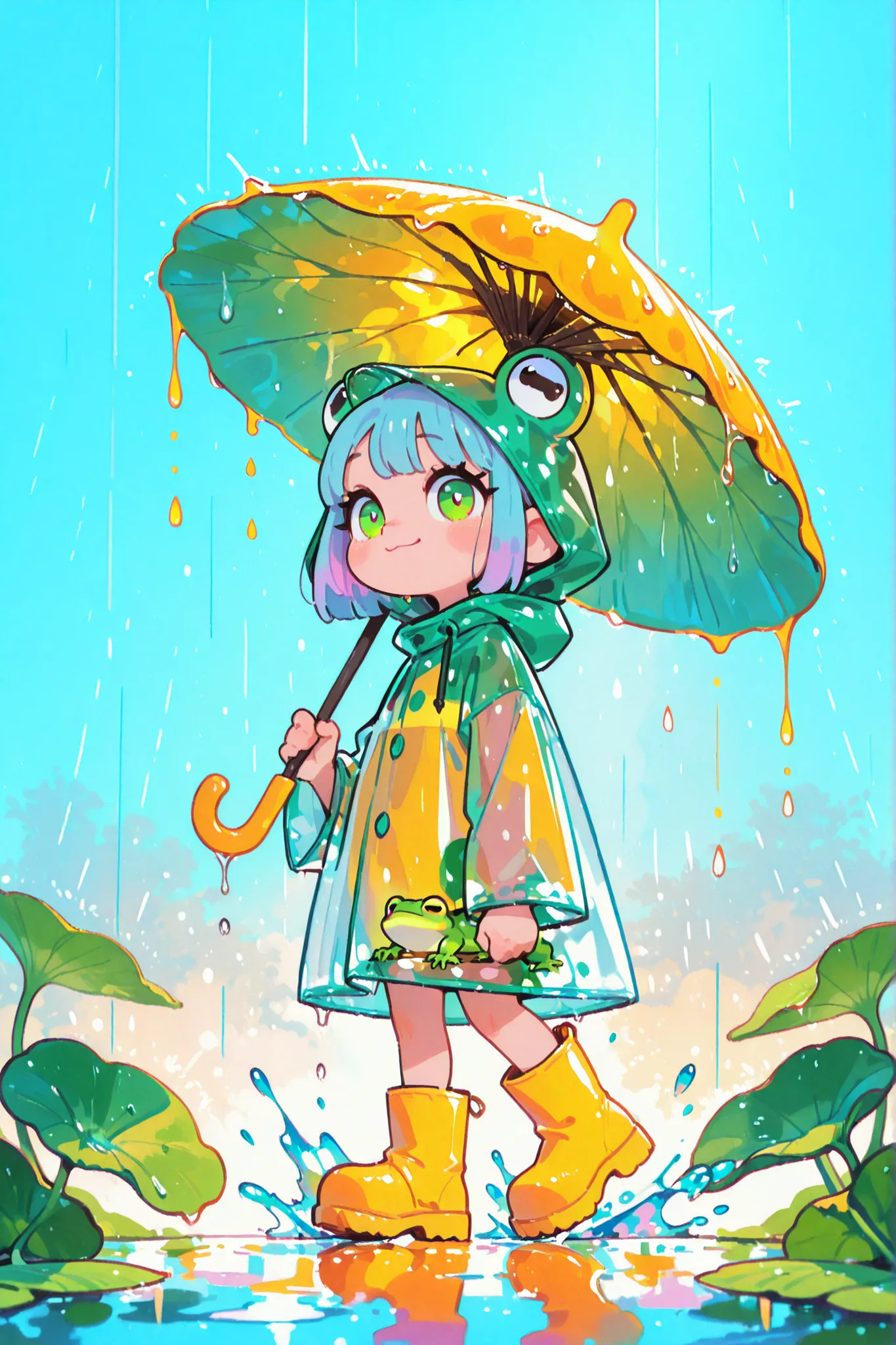 CuteToon_ST,a child wearing a frog-themed raincoat, holding a large lotus leaf like an umbrella, walking in light rain, splashing puddles in yellow rain boots, misty rain atmosphere, soft lighting, a faint rainbow in the distance, bright smiling expression...