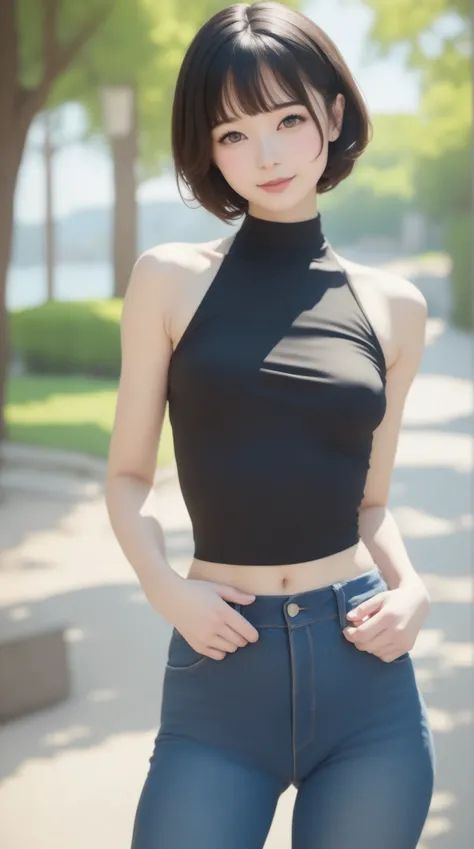 1 girl、A beautiful girl with short black hair is looking at me..、 As cute as an idol 、baby-like face that makes you fall in love with sexual pleasure、gentle expression、thin、small breasts、Small but well-shaped breasts,、anatomically accurate、Accurate Limbs、c...